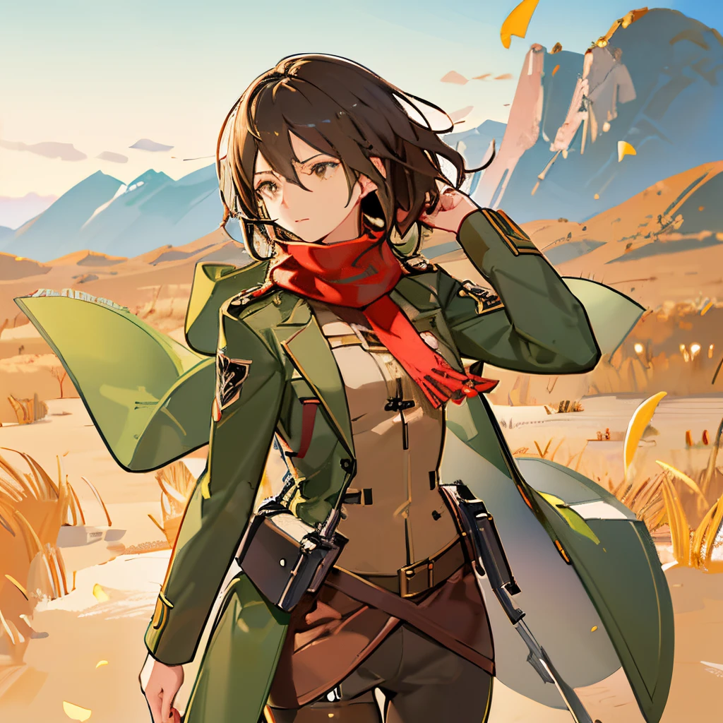 Scout Regiment Uniform: Mikasa is often seen in the recognizable Survey Corps uniform. A fitted, olive-green jacket with the Survey Corps emblem on the shoulder, paired with slim-fitting brown pants.
Vertical Maneuvering Equipment: Equip her with the vertical maneuvering gear, complete with gas canisters and grappling hooks. The gear adds a dynamic and action-ready element to her design.
Red Scarf: Mikasa's signature red scarf can be draped around her neck, symbolizing her connection to Eren and serving as a nod to her past.
Thunderbolt Braided Hair: Mikasa's hairstyle is distinctive with her long, straight black hair, often tied into a tight, thick braid. Consider adding a touch of wind-blown effect to convey a sense of movement.
Olive Green Overtop Cape: To add flair to her uniform, a flowing, olive-green cape that billows in the wind as she moves, adding a touch of drama to her character.
Focused Expression: Capture Mikasa's focused and determined expression, emphasizing her strong and protective nature.sexy milf,best quality,standing