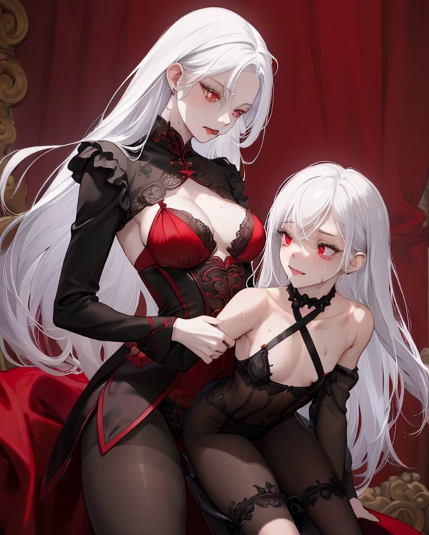 "2girl, ((Masterpiece)), [Slim], (Small breasts), Pale skin, ((Detailed eyes)), (Background blur), ganyudef white hair, Red eyes, villainous, Dark theme, [eyes liner], Evil". . Pantyhose. Sexy black lingerie. Embracing. Blushing, sweating. Exposed breast. Finger in mouth. Riding on top