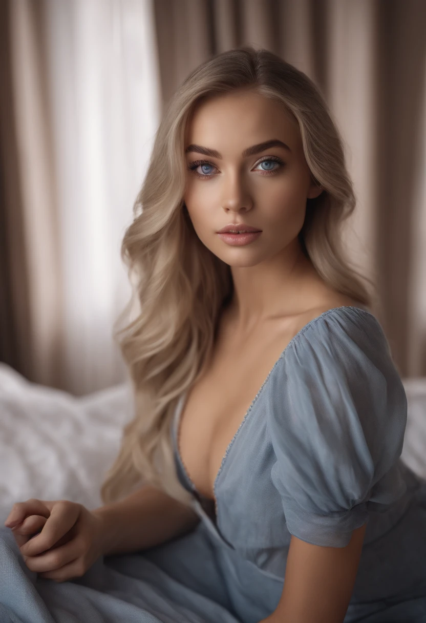 arafed woman fully , sexy girl with blue eyes, ultra realistic, meticulously detailed, portrait sophie mudd, blonde hair and large eyes, selfie of a young woman, bedroom eyes, violet myers, without makeup, natural makeup, looking directly at the camera, face with artgram, subtle makeup, stunning full body shot kneeling on bed, in bedroom, medium to large size bust