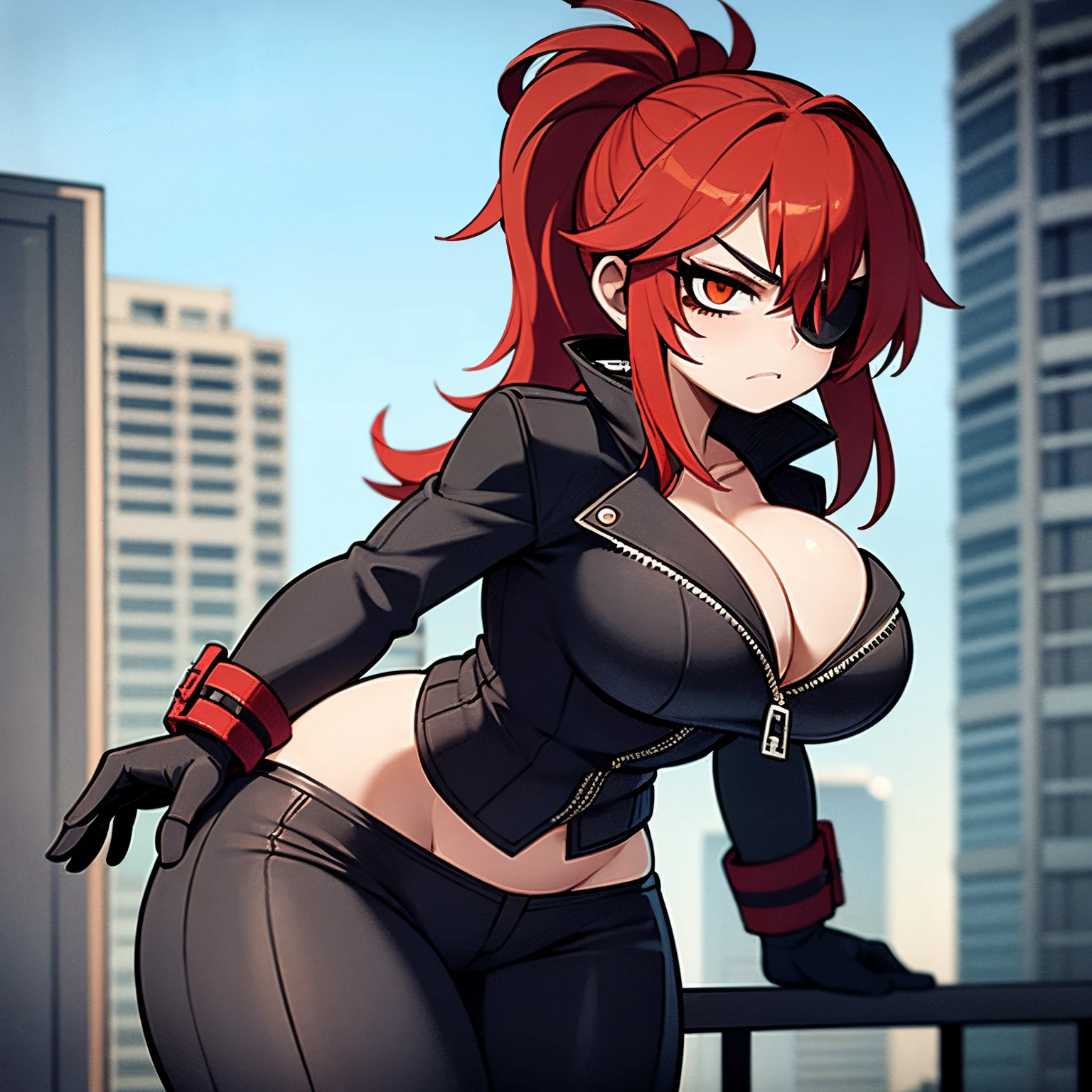 1girl, solo, detailed face, detailed eyes, red hair, long ponytail, white eye, serious, eyepatch, huge breasts, huge ass, wide hips, leather jacket, black pants, cleavage, unzipped, outdoors, city