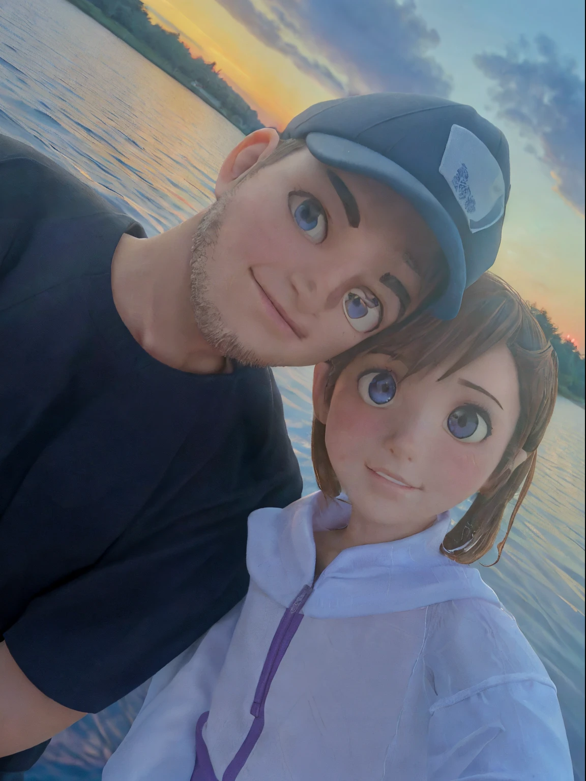 there is a man and woman that are on a boat on the lake with a sunset behind them with purple clouds. Tree line of pine trees. It’s a selfie no boat in frame. Man has hazel eyes, black hat, brown hair, black t-shirt. Girl has wet hair, blue eyes, and large white quarter zip sweatshirt. The water looks like glass