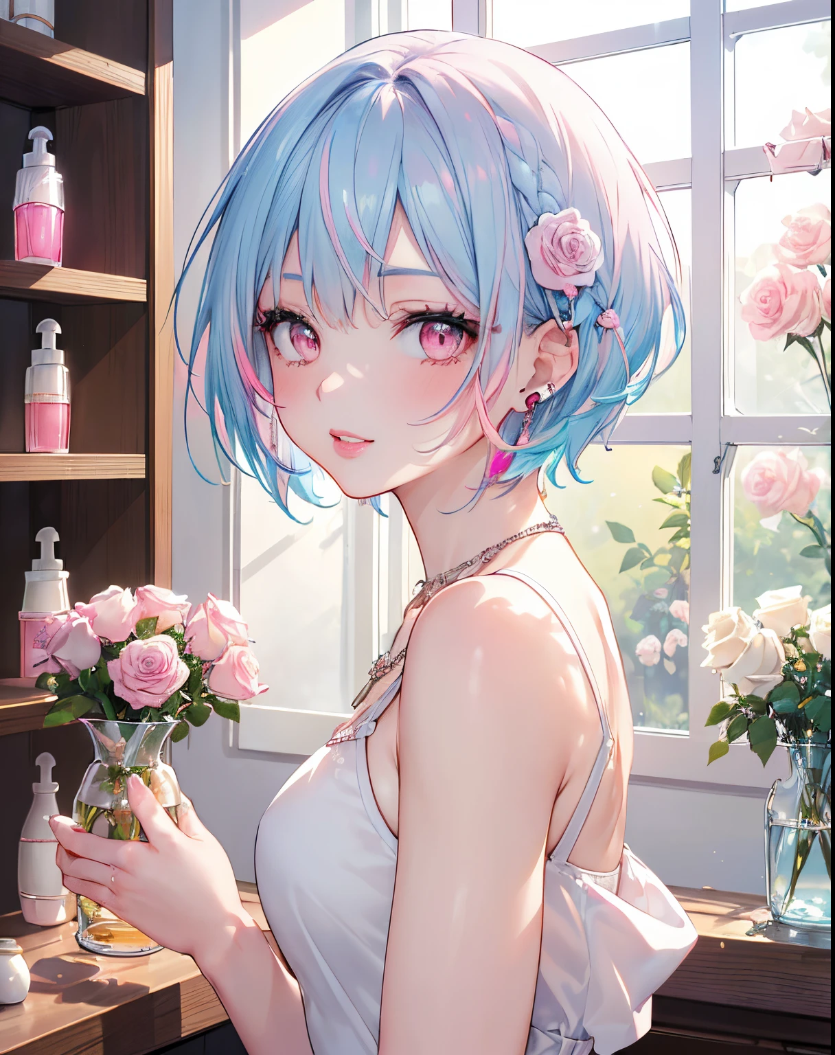 ((​masterpiece,hight resolution,8K picture quality,top-quality)),1girl in,((extra detailed face)),a 20 yo woman,Sateen,Delicate eyes,Pink eyes,((hairstyle on:buzzcut,lightblue hair)),Pink rose hair ornament,Dramatic makeup,profile,Large piercings,Smile gently,((smooth lips,pink lipsticks,Attractive lip)),Natural complexion,Mock sleeveless white knit,a necklace,sun light,double tooth,((White window sill,pink roses bloom outside the window,Colorful perfume bottles lined up on a shelf)),