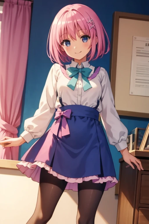 masterpiece, top-quality, 1girl, Momovelia Deviluk, hair adornments, bob cuts, shorth hair, A pink-haired, a smile,校服,Black tights