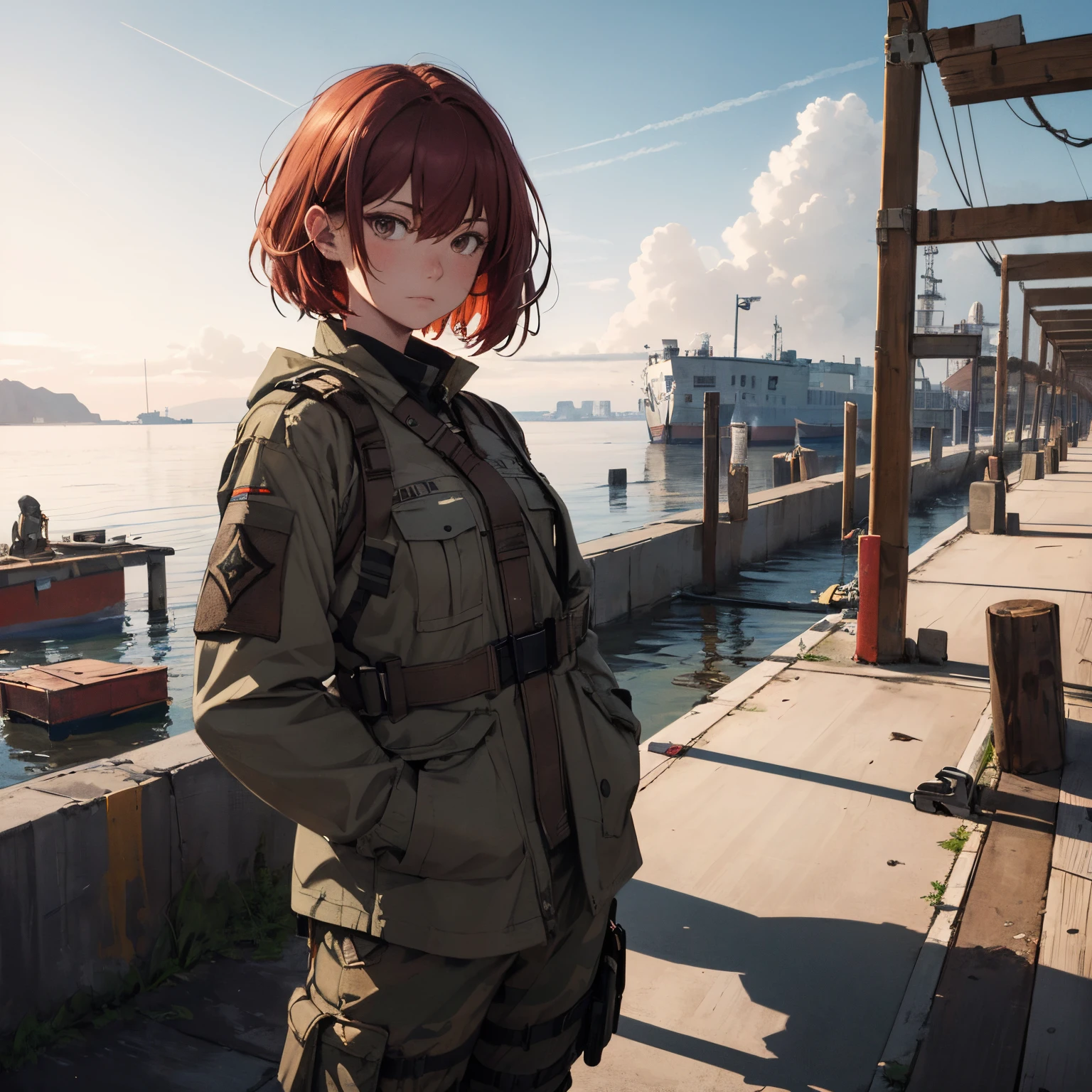 Absurd resolution, high resolution, (masterpiece:1.4), hyper-detailed, weapons testing ground at an empty dock by the sea, ung woman, short red hair, soldier costume, very serious expression, upper body, hands in pocket