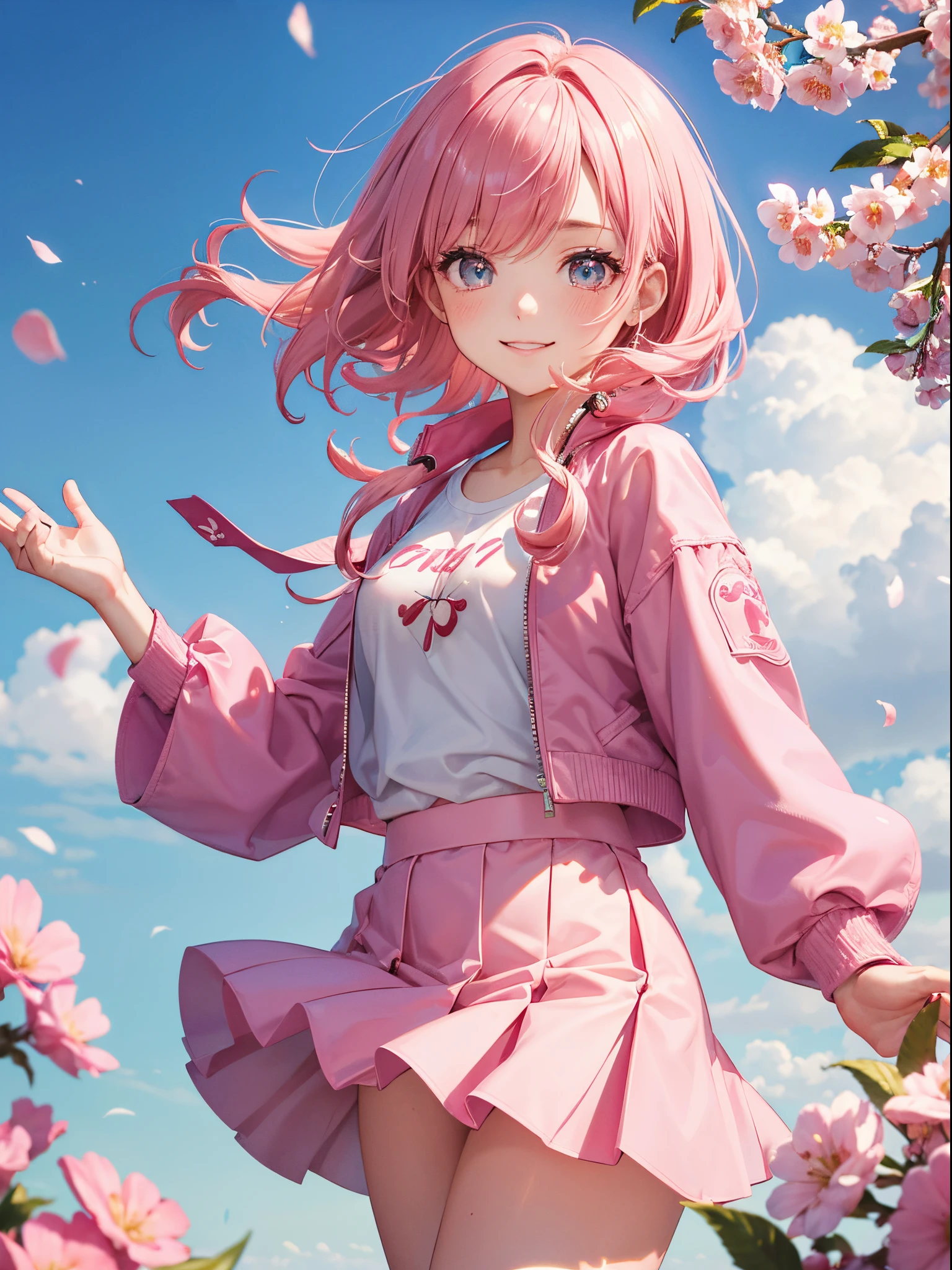 master piece,best quality, Solo woman,24 year old, beautiful eyes,cute, jumping, Cherry Pink jacket,white T-shirt, Cherry Pink tight skirt, shy smile, Cherry Pink hair, short hair, ringlets,waving in a strong wind hair, Cherry Pink flower