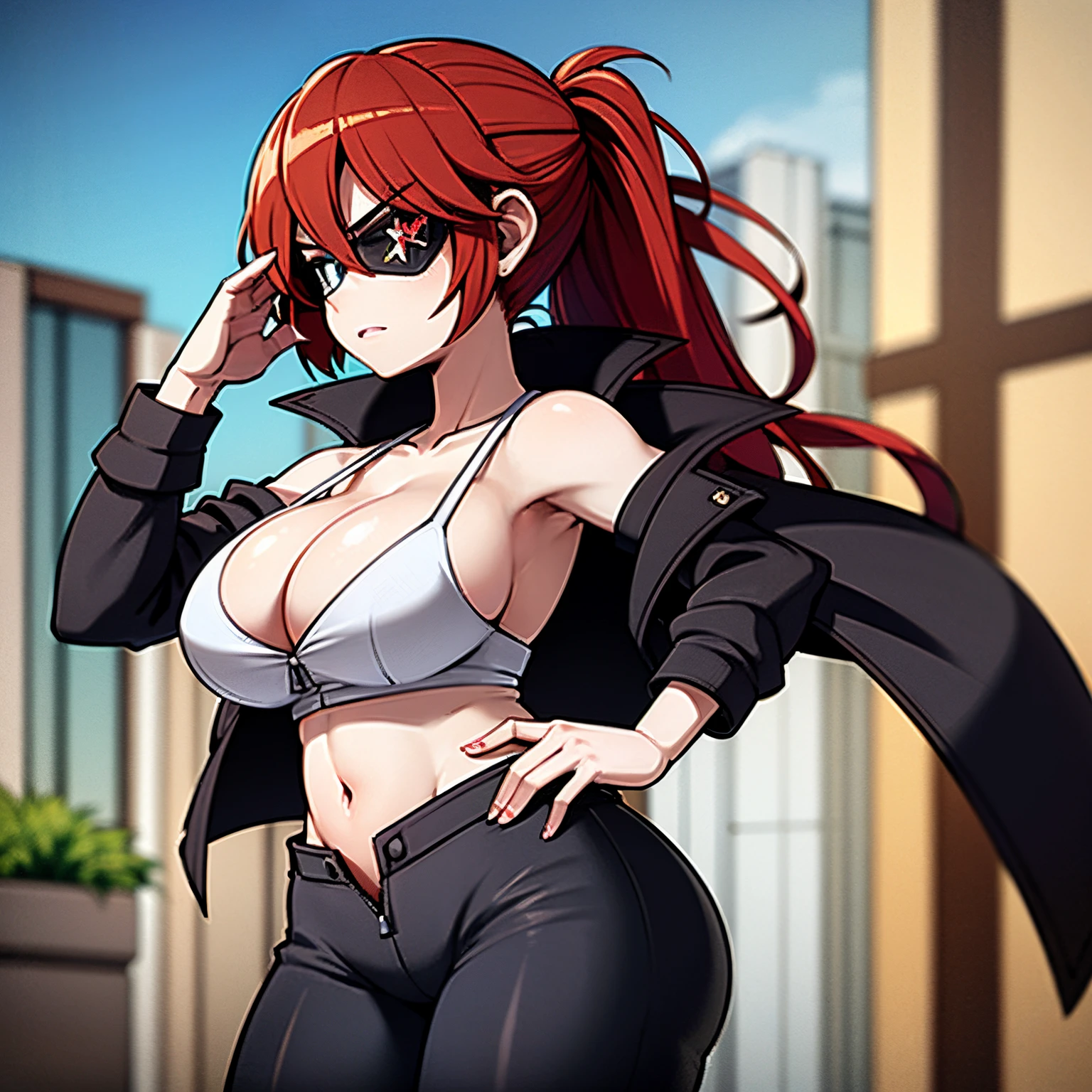1girl, solo, detailed face, detailed eyes, red hair, long ponytail, white eye, serious, eyepatch, huge breasts, huge ass, wide hips, black jacket, black pants, cleavage, unzipped, outdoors, city