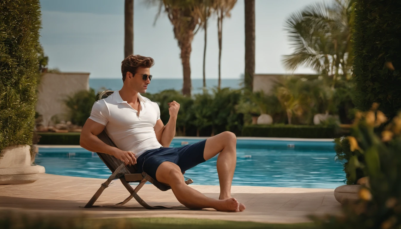 A young, handsome and strong man by the swimming pool,Do not show fingers and feet HD