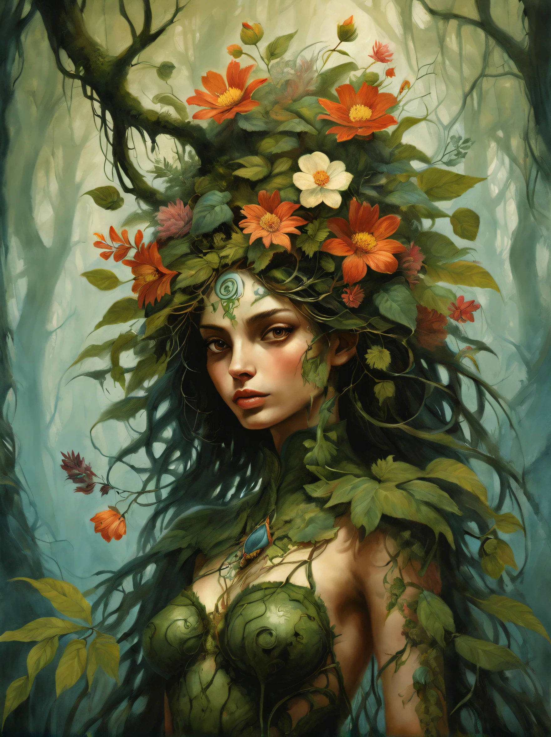 invent a creature, combination of a girl with different plants and flowers, leaves and branches of plants form the body of a girl, petite girl&#39;the  consists entirely of plants, The girl has branches with leaves and flowers growing&#39;With Your Head, About the girl&#39;On his body he has beautiful flowers from intertwining plants., Plant the girl in the mossy forest, Plant Girl, growing in a mossy meadow, cuteface, Detailed girl face, higly detailed, full pose, full - body, magic world, Fairy-tale world, surrealism, Ciruelo Cabral, gerald brom