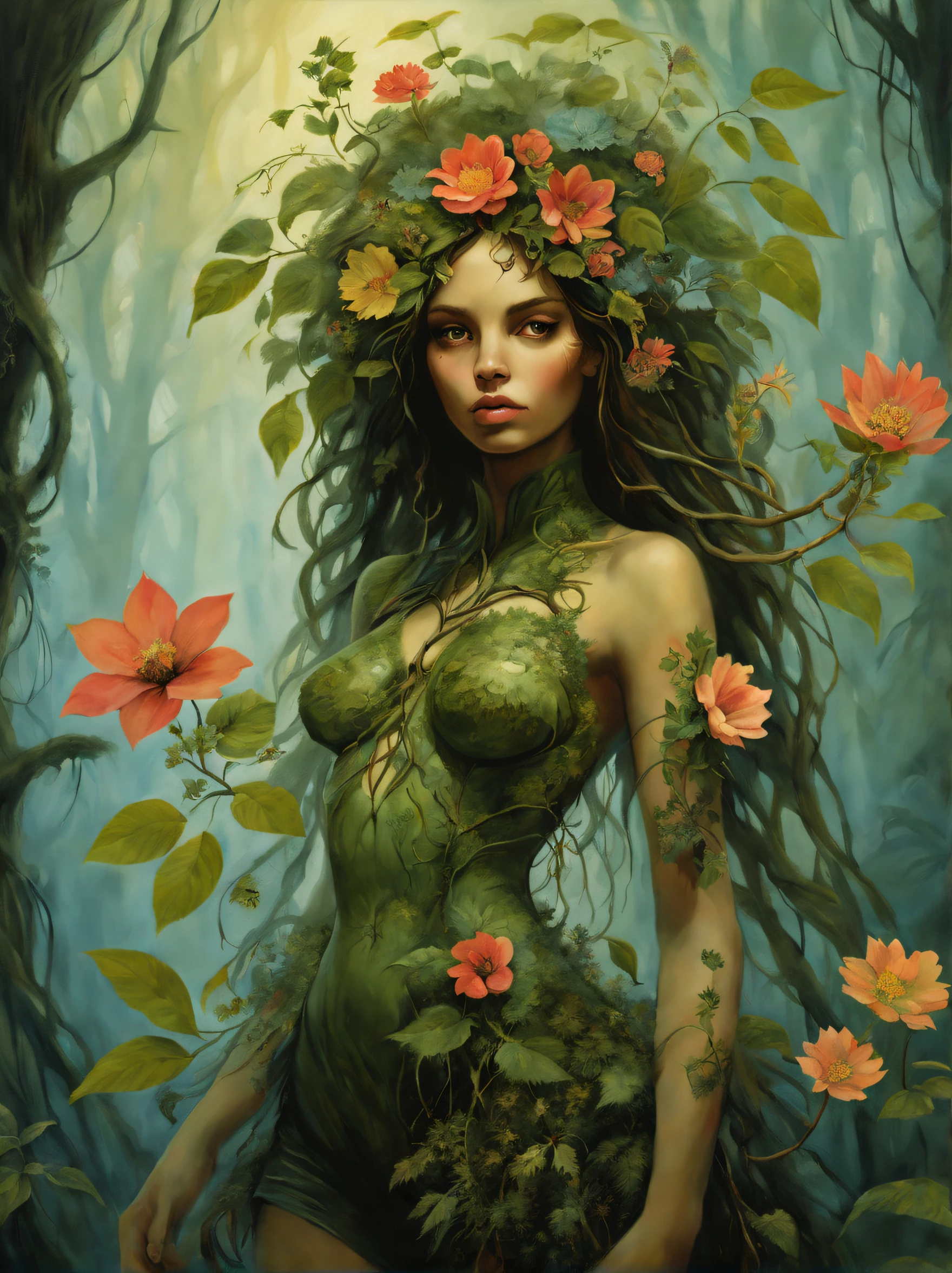 invent a creature, combination of a girl with different plants and flowers, leaves and branches of plants form the body of a girl, petite girl&#39;the  consists entirely of plants, The girl has branches with leaves and flowers growing&#39;With Your Head, About the girl&#39;On his body he has beautiful flowers from intertwining plants., Plant the girl in the mossy forest, Plant Girl, growing in a mossy meadow, cuteface, Detailed girl face, higly detailed, full pose, full - body, magic world, Fairy-tale world, surrealism, Ciruelo Cabral, gerald brom