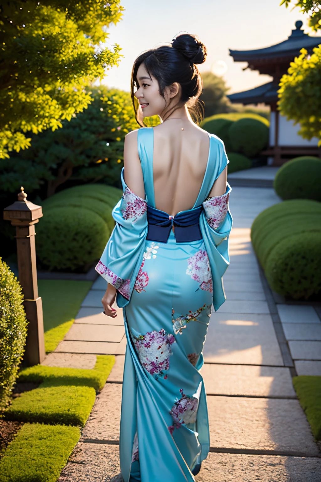 Under the mesmerizing moonlight, in a serene Japanese garden, a beautiful woman in a partially undone kimono reveals her elegant shoulders and back. Her demure yet seductive gaze is full of hidden secrets. As she gracefully strolls along the garden path, she occasionally pauses to offer a fleeting smile towards the moon. The soft illumination of traditional lanterns creates an enchanting atmosphere, while her loosely tied hair waves gently, adding to her elegance and allure.