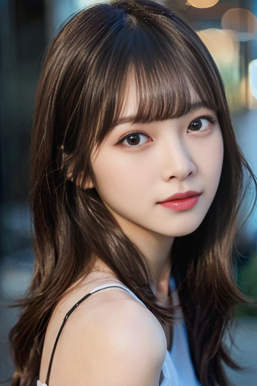 masuter piece、1 girl in、Bold sexy poses、(realisitic、Photorealsitic、ultra-detailliert、Highest Details Skins、top-quality、​masterpiece、超A high resolution)、19 year old girl、Cute、Sexy shot looking at camera、With bangs、Longhaire