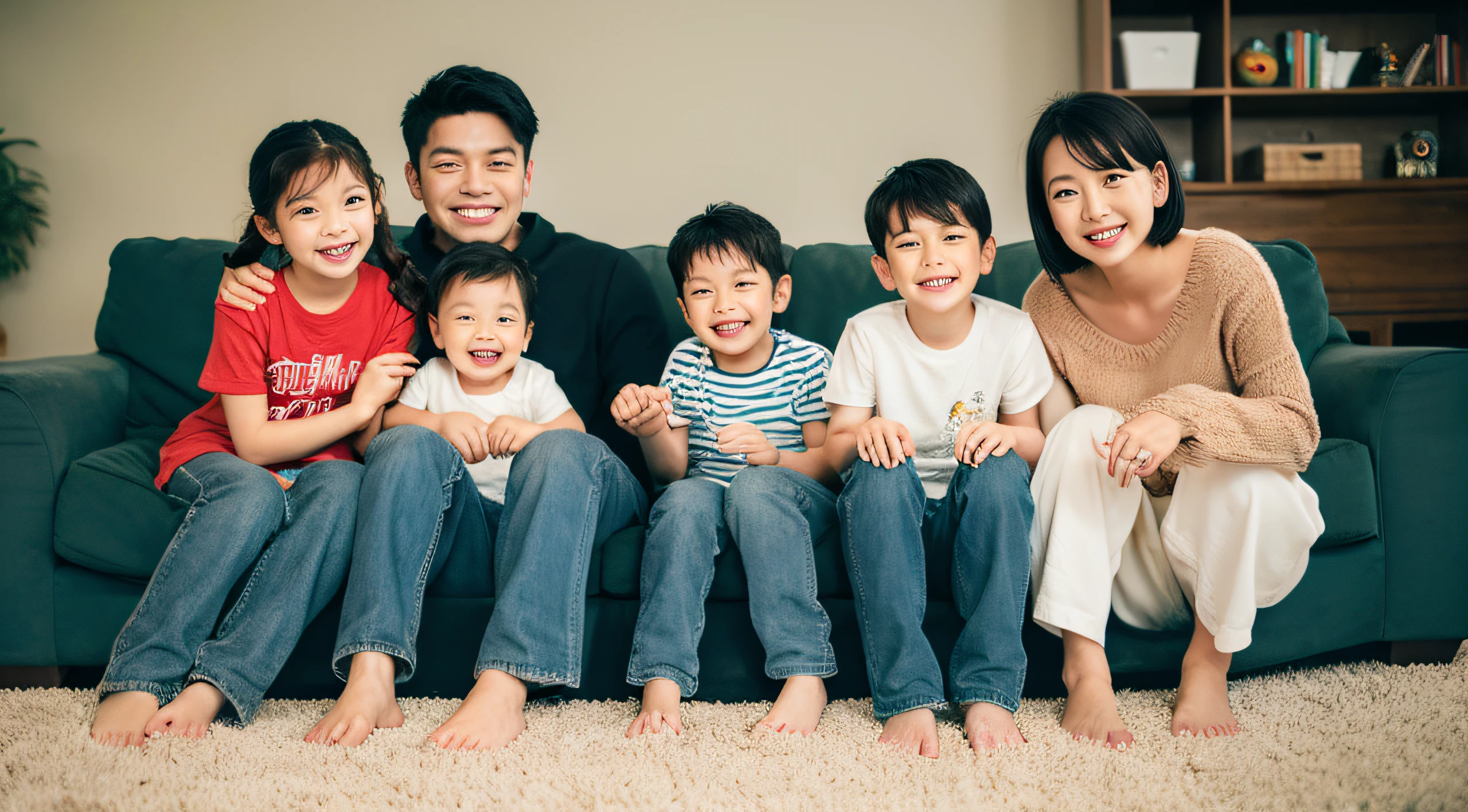 Family Photography　chichi　mommy　3 Children　japanes　sofas　Smile