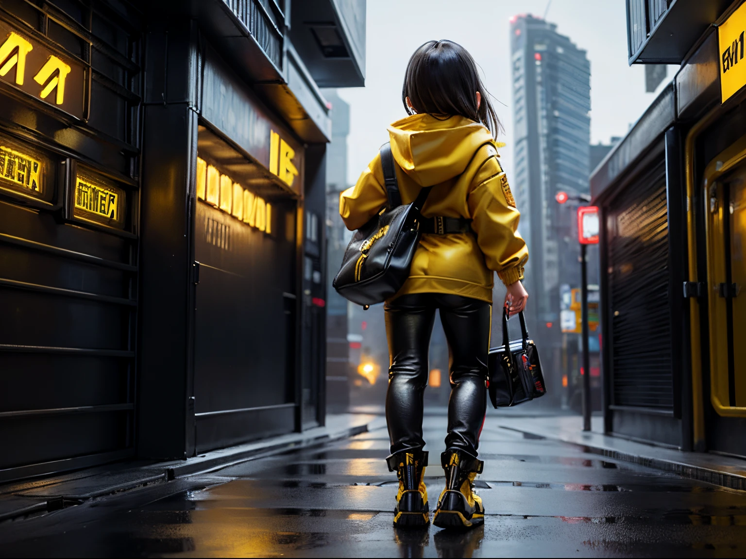 (girl wearing a yellow hood:1.2), I have a yellow duck on my arm、yellow leather hoodie,　Black leather long pants、 Cyberpunk Future City, deep in the night, Back view, Full body