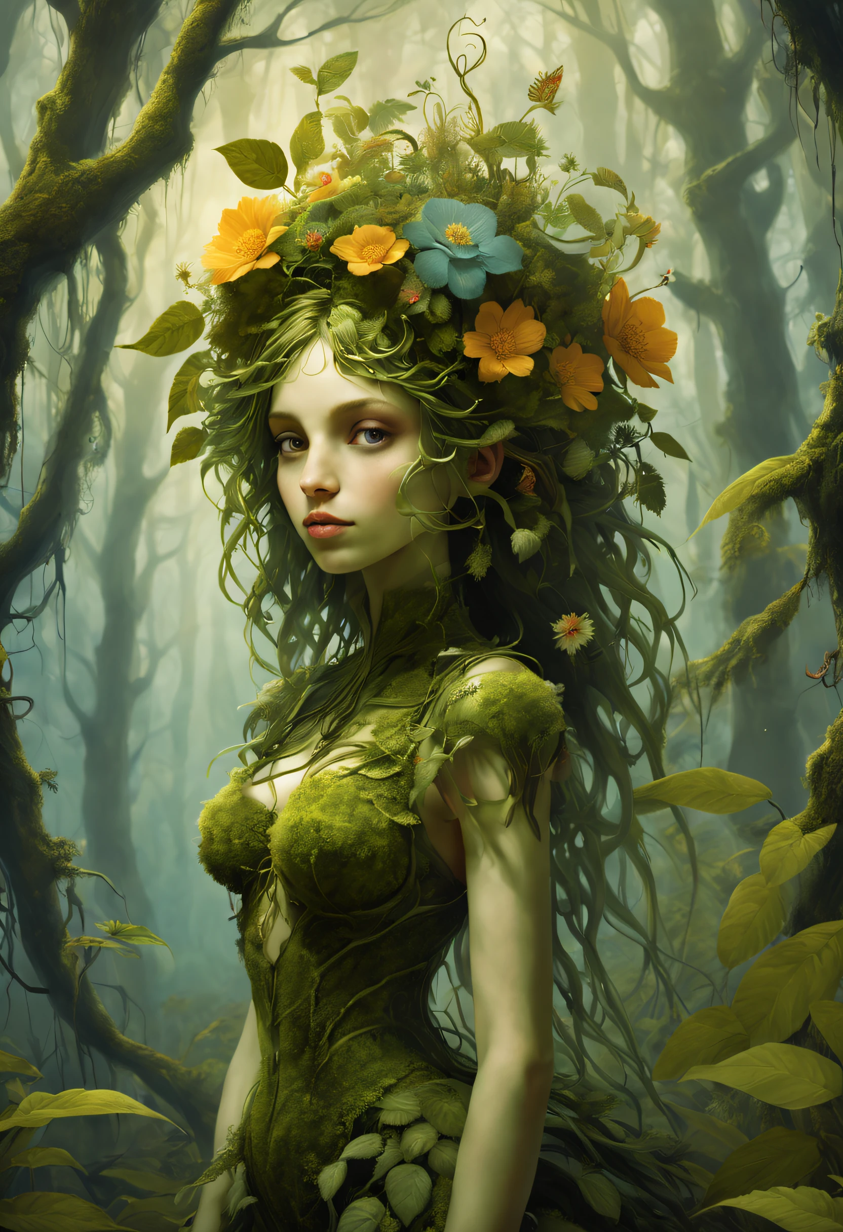invent a creature, combination of a girl with different plants and flowers, leaves and branches of plants form the body of a girl, petite girl&#39;the human body consists entirely of plants, The girl has branches with leaves and flowers growing&#39;With Your Head, About the girl&#39;On his body he has beautiful flowers from intertwining plants., Plant the girl in the mossy forest, Plant Girl, growing in a mossy meadow, cuteface, Detailed girl face, higly detailed, full pose, full - body, magic world, Fairy-tale world, surrealism, Ciruelo Cabral, gerald brom