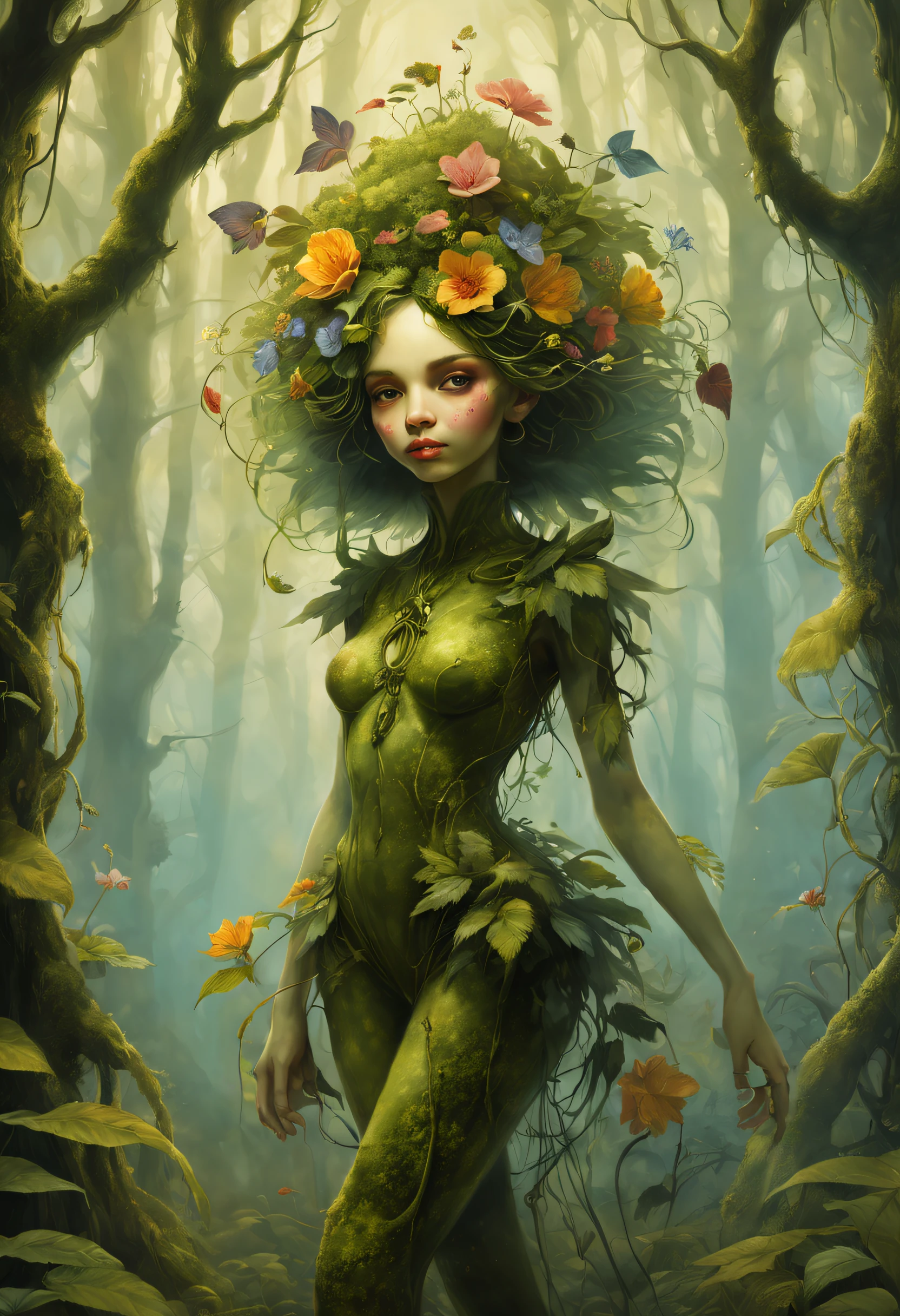 invent a creature, combination of a girl with different plants and flowers, leaves and branches of plants form the body of a girl, petite girl&#39;the human body consists entirely of plants, The girl has branches with leaves and flowers growing&#39;With Your Head, About the girl&#39;On his body he has beautiful flowers from intertwining plants., Plant the girl in the mossy forest, Plant Girl, growing in a mossy meadow, cuteface, Detailed girl face, higly detailed, full pose, full - body, magic world, Fairy-tale world, surrealism, Ciruelo Cabral, gerald brom