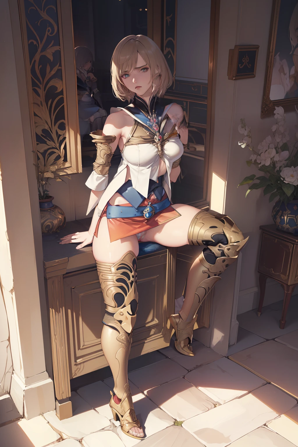 (the golden ratio,masutepiece, of the highest quality, Best Quality, Beautiful and aesthetic:1.2), ighly detailed, Colorful,highest details, (Adults,19,1girl in, Solo, Final Fantasy 12,Ashelia, shorth hair, short-hair,Ashelia Costume, Colossal tits, a miniskirt,thigh high boots, thighs thighs thighs thighs, jewely,Contemptuous look,Eyes like looking at garbage, Show me your panties,trying to trample you,step on you,Triumphant face