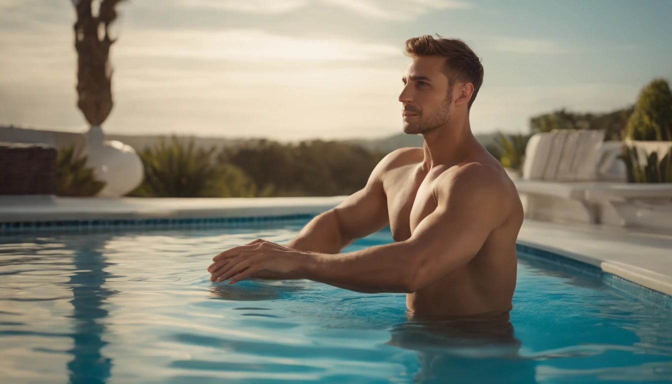 A young, handsome and strong man by the swimming pool,Don't show your fingers and feet