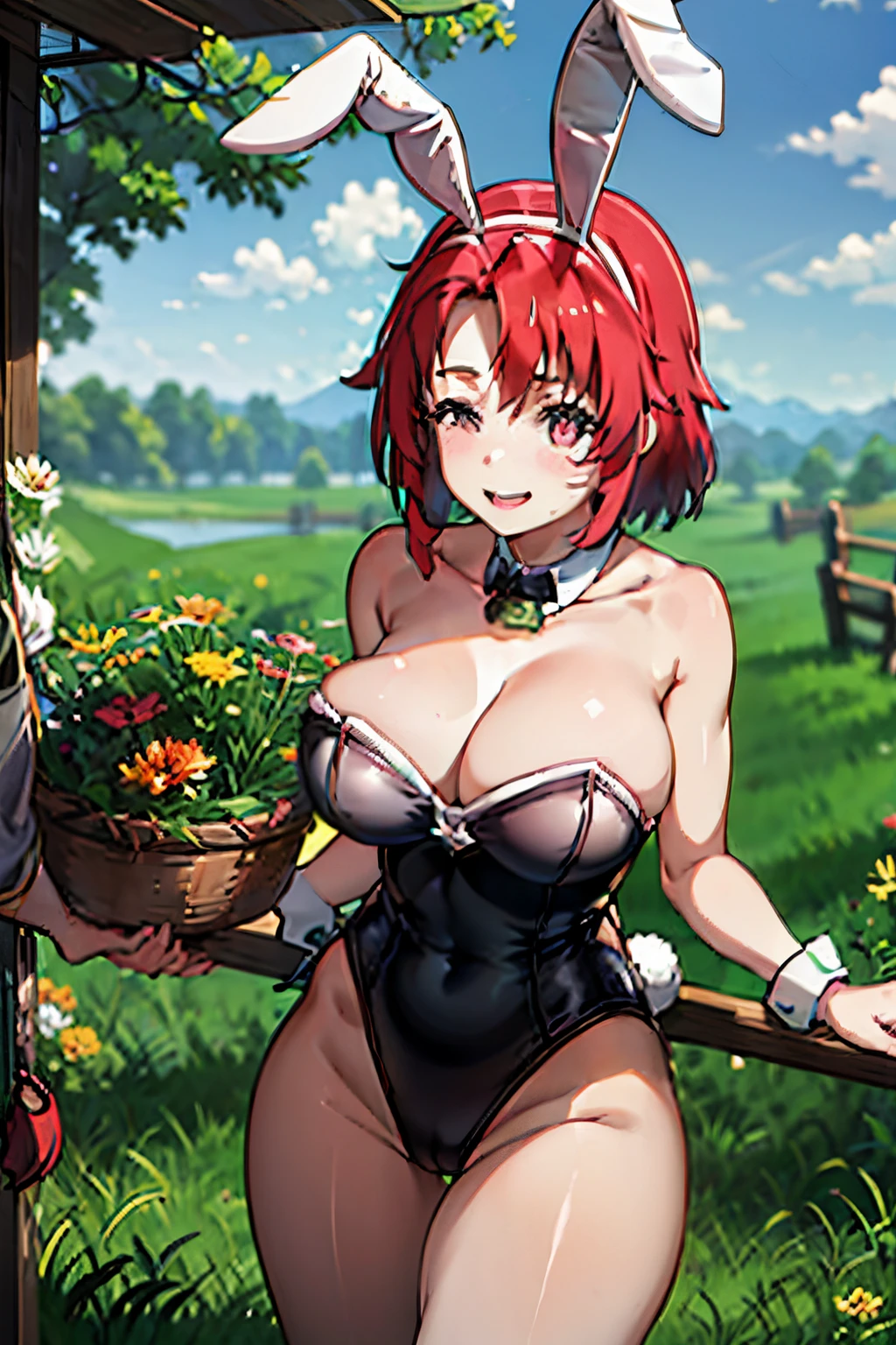 cow girl, redhead, smiling, bunnysuit, bunny ears, smiling, masterpiece,