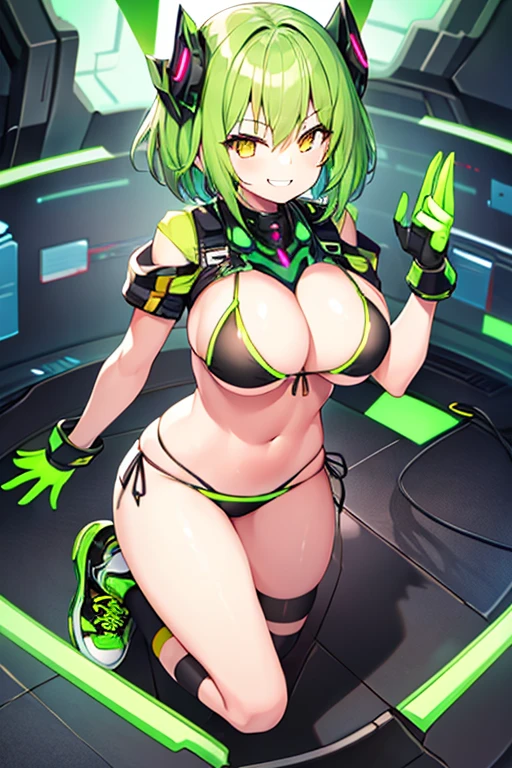 1girl, large breasts, green hair, very short hair, short hair, yellow eyes, bikini, black bikini, neon trim, green neon trim, smile, smirk, smug, futuristic, science-fiction, tech, shoes, sneakers, green neon trim, green trim, v-string, black clothes