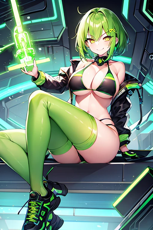 1girl, large breasts, green hair, very short hair, short hair, yellow eyes, bikini, black bikini, neon trim, green neon trim, smile, smirk, smug, futuristic, science-fiction, tech, shoes, sneakers, green neon trim, green trim, v-string, black clothes