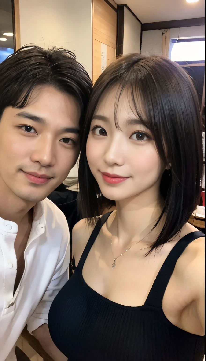 ((Best Quality, 8K, masutepiece :1.3)), (Realistic, Photorealistic:1.4)A pretty woman with perfect figure :1.4, super gigantic breast, Beautiful, Smile, (Bright:1.4), Pretty Woman, (Highly detailed face:1.2), Detailed eyes, 二重まぶた, japanese pretty woman, slim:1.9, slender, Oily skin, Shiny skin, silk hair,Short bob black hair, Tight clothes,Huge breasts,Super huge,2 men and women,two shot,2 men and women,two shot,2 men and women,Izakaya,two shot,One Man,2 men and women,Japan men,Looking at the camera,Japan men,two shot,2guys,Selfie Camera,Selfie Camera,husband and wife,husband and wife,Izakaya,couple in tavern,Japan men,two shot,husband and wife,Japan men,two shot,husband and wife,Japan men,two shot,a short bob,Colossal tits,husband and wife,Japan men,husband and wife,Two shots of Japan men,Japan men,a couple,ultra gigantic tits,Couple Two Shots,ultra gigantic tits,Uncle and Two Shots,Uncle and Two Shots,Uncle and Two Shots,date,Flirting,Flirting,lovey-dovey,lovey-dovey,Flirting,a couple,a couple,Age difference couple,Age difference couple,Age difference couple,Age difference couple,lovey-dovey,lovey-dovey,chum,chum,lovey-dovey,a couple,Couple in love,man with arm around waist,a short bob,Colossal tits,Selfie Camera,Business suits,Beer in one hand