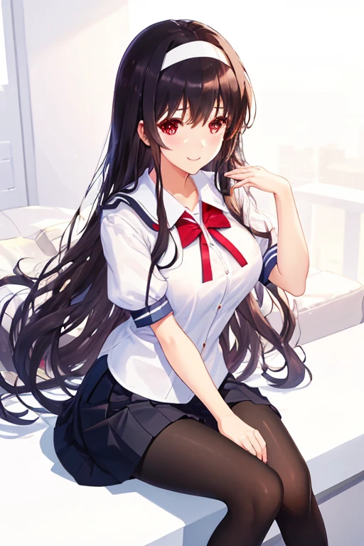 Best Quality, masutepiece,  Utaha, 1girl in, Solo, Long hair, employee uniform, shairband, Skirt, uniform, nametag, Black pantyhose, Red Eyes, Black hair, shoes, Simple background, Pleated skirt, White background, lowfers, Smile, Short sleeves, Black footwear, Bangs, Standing, blush, Long legs, white hairband, breasts, hands on own breasts，being patted on the head