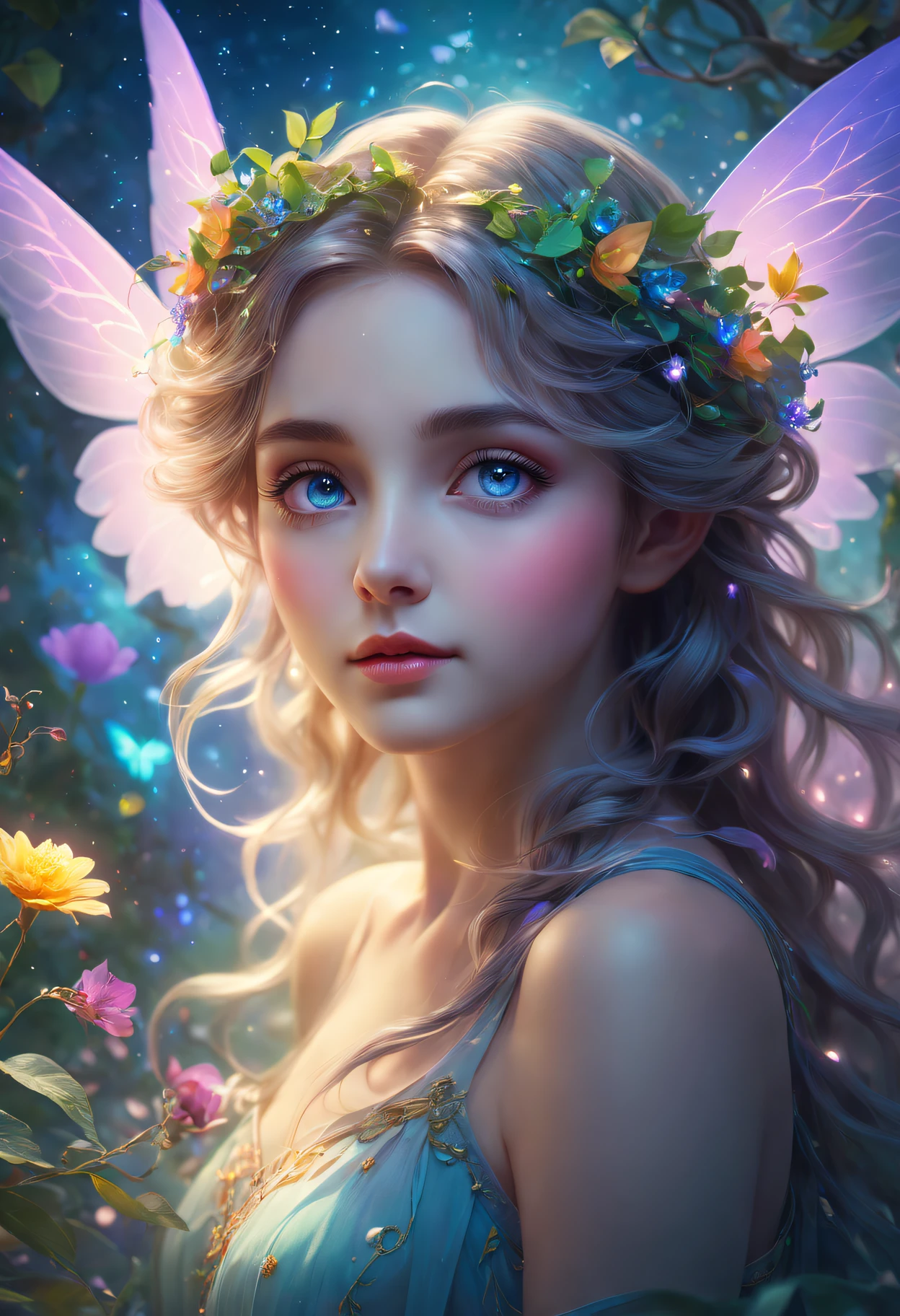 Best quality at best,4K,8K,A high resolution,tmasterpiece:1.2,ultra - detailed,actual:1.37,Impressionist,Star color,Fantastic lighting,Ethereal atmosphere,otherworldly charm,magical plant girl,Mystic aura,luminous flowers,floating petal,majestic vines,glowing leaves,enchantedgarden,Fantasy realm,attractive beautiful,with a calm expression,Complicated details,Eyebrows are clear,Fascinated eyes,petals in her hair,Gossamer wings,celestial glow,harmonious colors,Mystic energy,Surreal atmosphere,Evoke miracles,Sublime artistry,vibrant tones,mesmerizing creation,ethereal portrait