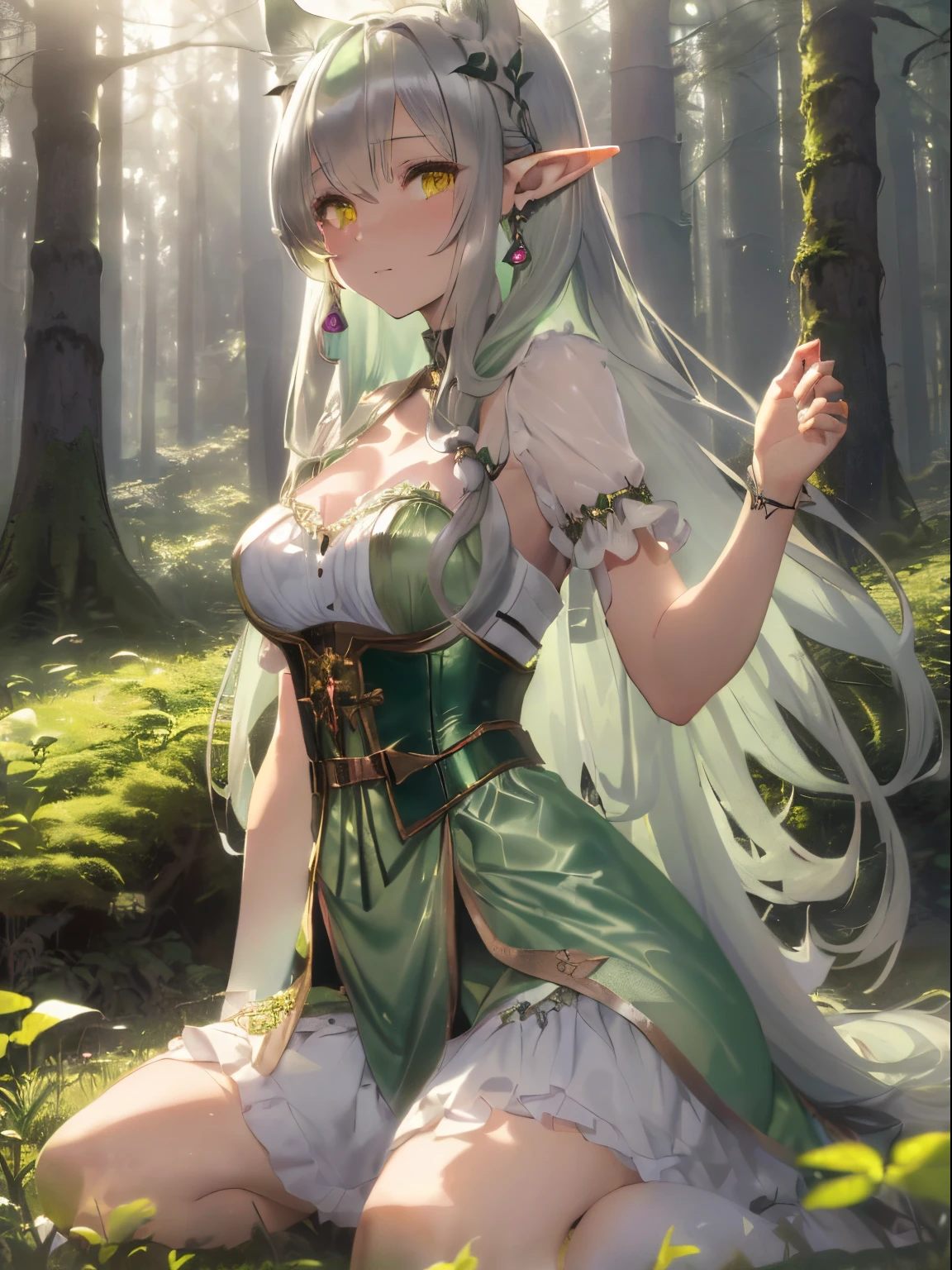 ((Elven ears)),(long elf ears),(wearing big earrings),((Mixed silver and light green hair)),(Smooth straight long hair),((Yellow eyes)),(flowing silk dress),((A dress that shows off your body line beautifully.)),(The hem of the dress is long enough to reach the ground.),((corsets)),(Harness belt),Slight red tide,he looks at us with a strange expression.,Kamimei,((put gesture&#39;Hair on the back&#39;Ears)),((A forest where soft light shines through)),(fantastic colorful light)),(Irridescent color),((close up of face)),