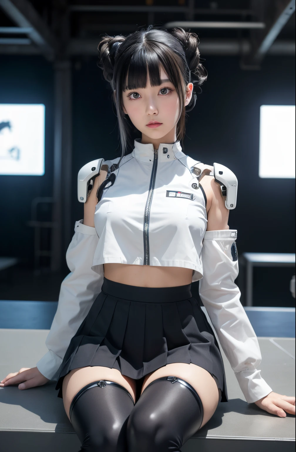 masutepiece, Best Quality, Extremely detailed, (Photorealistic:1.4),(Raw photo) (8K, 4K, Best Quality, hight resolution, 超A high resolution:1.1), (masutepiece, Realistic, Photorealsitic:1.1), 1girl in, Japaese Cyborg highschool Girl,Plump ,Navy Pleated Mini Skirt,dark Black tights,control panels,android,Droid,Mechanical Hand, ,Robot arms and legs, Black Robot Parts,Black hair,Mechanical body,Blunt bangs,White abdomen,White Robotics Parts,perfect robot woman,The laboratory of the future,cyberpunked,Charging spot,android factory,Robot Factory,cyborg factory,Long Tube,A thick cable connects her neck,ceramic body ,complete eyes,Striking eyes,Mechanical body, head antenna,lod antenna on the head,mechanical ear covers,android,robot humanoid,japanese shighchool girl uniform,dark black leggings