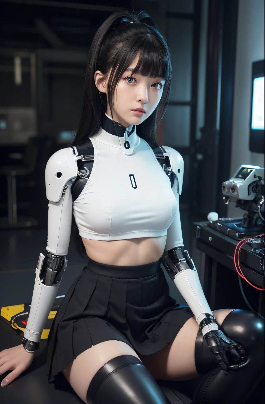 masutepiece, Best Quality, Extremely detailed, (Photorealistic:1.4),(Raw photo) (8K, 4K, Best Quality, hight resolution, 超A high resolution:1.1), (masutepiece, Realistic, Photorealsitic:1.1), 1girl in, Japaese Cyborg highschool Girl,Plump ,Navy Pleated Mini Skirt,dark Black tights,control panels,android,Droid,Mechanical Hand, ,Robot arms and legs, Black Robot Parts,Black hair,Mechanical body,Blunt bangs,White abdomen,White Robotics Parts,perfect robot woman,The laboratory of the future,cyberpunked,Charging spot,android factory,Robot Factory,cyborg factory,Long Tube,A thick cable connects her neck,ceramic body ,complete eyes,Striking eyes,Mechanical body, head antenna,lod antenna on the head,mechanical ear covers,android,robot humanoid,japanese shighchool girl uniform,dark black leggings