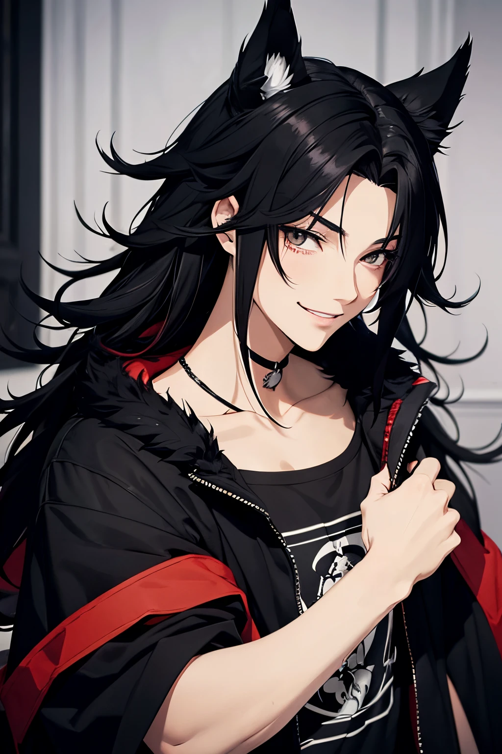 anime style, young adult, male, black coat trimmed with red fur, long and mane-like black hair, dull black eyes, smiling, beautiful face, lean body, black sweatpants, feminine face, black throne room scenario