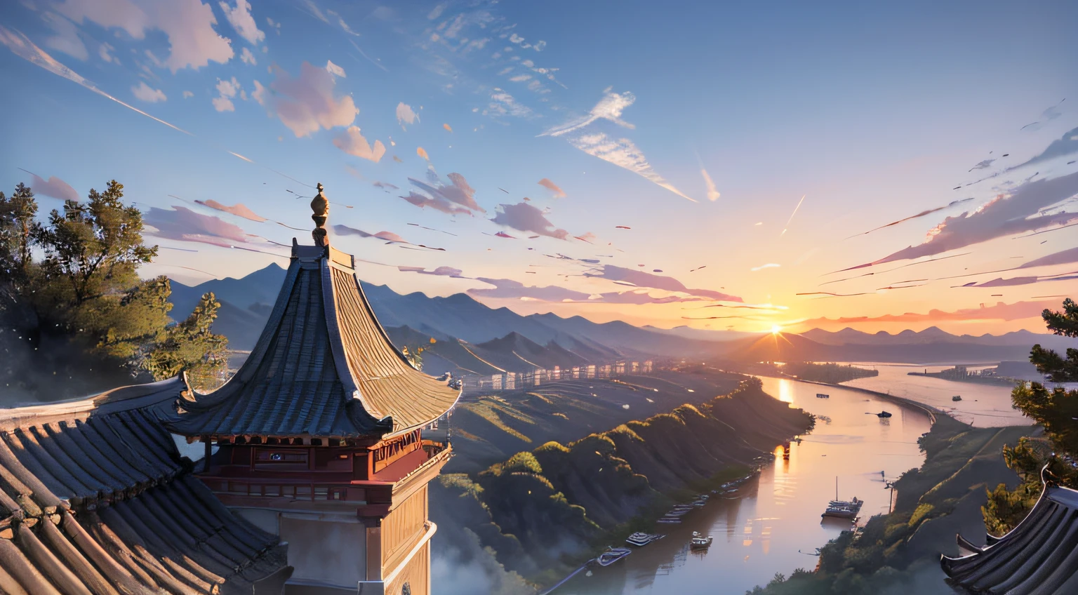 Climb up the stork house：Stand on a tall building，I see the sunset slowly sinking against the mountains，The mighty Yellow River rushes towards the sea。I want to see the scenery thousands of miles away，Then you have to go to the next level。