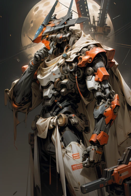 on moon，barren planets，废墟，holdingweapon，without humans，with light glowing，droid，buliding，glowing light eyes，orange Mecha，white loincloth science fiction，城市，Realistis，mechs，Milky Way Galaxy background，full bodyesbian，neonlight，cyber punk perssonage，8k wallpaper，Hyper-detailed work，Cinematic lighting，photograph of-realistic，Dark_Fantasy,Cyberpunk,(chain saw,chain saw man,Red:1.1),1man,Mechanical marvel,Robotic presence,Cybernetic guardian,A worn-out mech suit，iintricate，（Steel metal[rusted]），ellegance，Clear focus，Photo by Greg Rutkowski，gentlesoftlighting，vivd colour，tmasterpiece，（（the street）），cow boy shot，dynamicposes，Mechanical claw