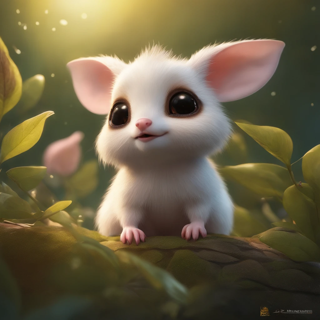 Realism, 真实感, Close-up angle of cute tiny fireflies, illuminating the bush, a detailed painting, cgsociety, Detailed painting, artstation hd, high detail, cgsociety, photo realism, Concept art, artstation hd, official arts, bokeh ,gremlin, like a sloth, petite girl, Huge eyes, large ears, big pear in paws, white and pinkish fur, short tail, yellow woolen jacket, The clothes, Best Quality, Masterpiece, in style of dark fantasy art, Fairytale style, fairy tale fantasy style, kpop style
