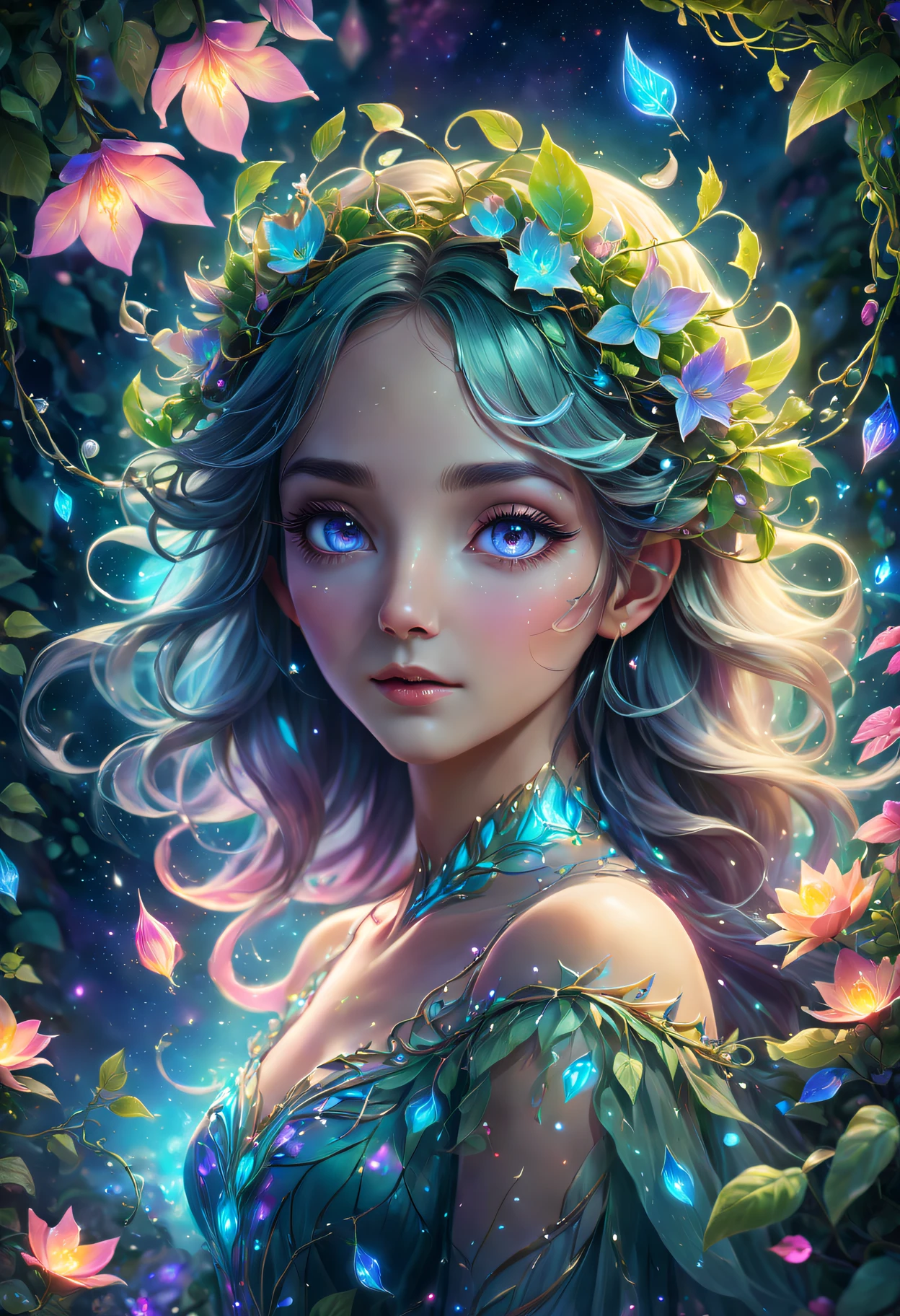 Best quality at best,4K,8K,A high resolution,tmasterpiece:1.2,ultra - detailed,actual:1.37,Impressionist,Star color,Fantastic lighting,Ethereal atmosphere,otherworldly charm,magical plant girl,Mystic aura,luminous flowers,floating petal,majestic vines,glowing leaves,enchantedgarden,Fantasy realm,attractive beautiful,with a calm expression,Complicated details,Eyebrows are clear,Fascinated eyes,petals in her hair,celestial glow,harmonious colors,Mystic energy,Surreal atmosphere,Evoke miracles,Sublime artistry,vibrant tones,mesmerizing creation,ethereal portrait