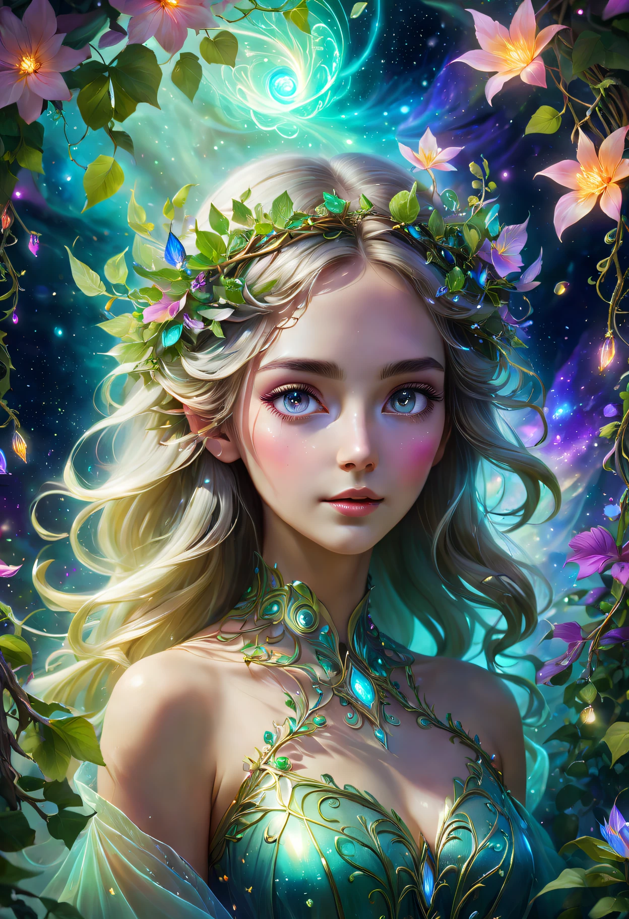 Best quality at best,4K,8K,A high resolution,tmasterpiece:1.2,ultra - detailed,actual:1.37,Impressionist,Star color,Fantastic lighting,Ethereal atmosphere,otherworldly charm,magical plant girl,Mystic aura,luminous flowers,floating petal,majestic vines,glowing leaves,enchantedgarden,Fantasy realm,attractive beautiful,with a calm expression,Complicated details,Eyebrows are clear,Fascinated eyes,petals in her hair,celestial glow,harmonious colors,Mystic energy,Surreal atmosphere,Evoke miracles,Sublime artistry,vibrant tones,mesmerizing creation,ethereal portrait