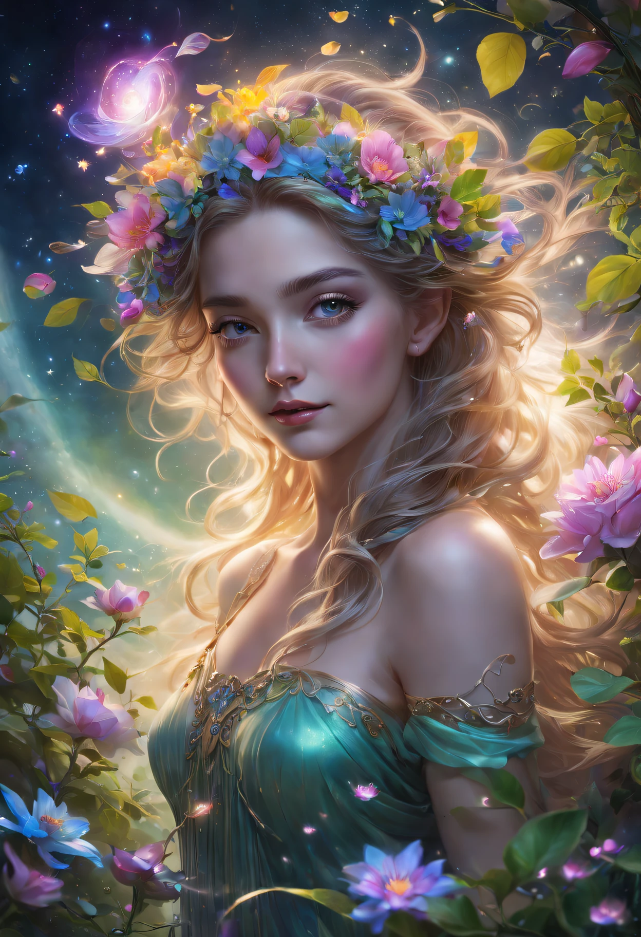 Best quality at best,4K,8K,A high resolution,tmasterpiece:1.2,ultra - detailed,actual:1.37,Impressionist,Star color,Fantastic lighting,Ethereal atmosphere,otherworldly charm,magical plant girl,Mystic aura,luminous flowers,floating petal,majestic vines,glowing leaves,enchantedgarden,Fantasy realm,attractive beautiful,with a calm expression,Complicated details,Eyebrows are clear,Fascinated eyes,petals in her hair,celestial glow,harmonious colors,Mystic energy,Surreal atmosphere,Evoke miracles,Sublime artistry,vibrant tones,mesmerizing creation,ethereal portrait