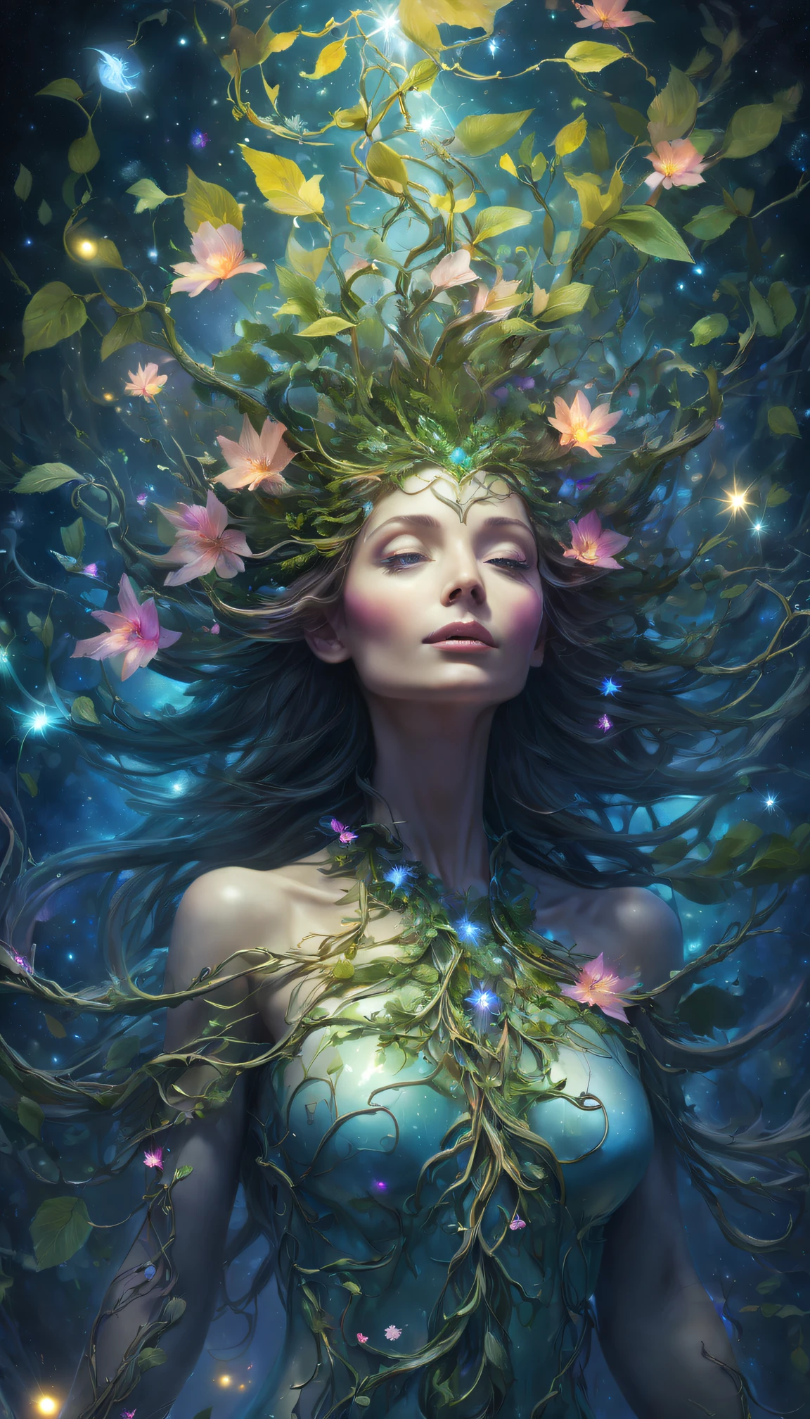 Female tree man，Impresionismo，starlight color，Fantastic lighting，Ethereal atmosphere，otherworldly charm，Mystic aura，Glowing flowers，floating petal，majestic vines，Glowing Leaves，with a calm expression，Complicated details，Exquisite features，petals in her hair，Light of the sky，harmonious colors，Mystic energy，Surreal atmosphere，Amazing Cleavage，Sublime art，vibrant tones，captivating creation，