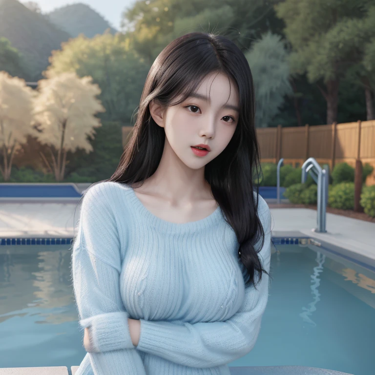 portrait of a beautiful south korean asian girl standing on a swiming pool, pretty face, super big breasts covered by delicate (loose) light blue sweater, beautiful long black straight hair, smooth, portrait, high resolution, 8k, painting, masterpiece, (W cup breast)