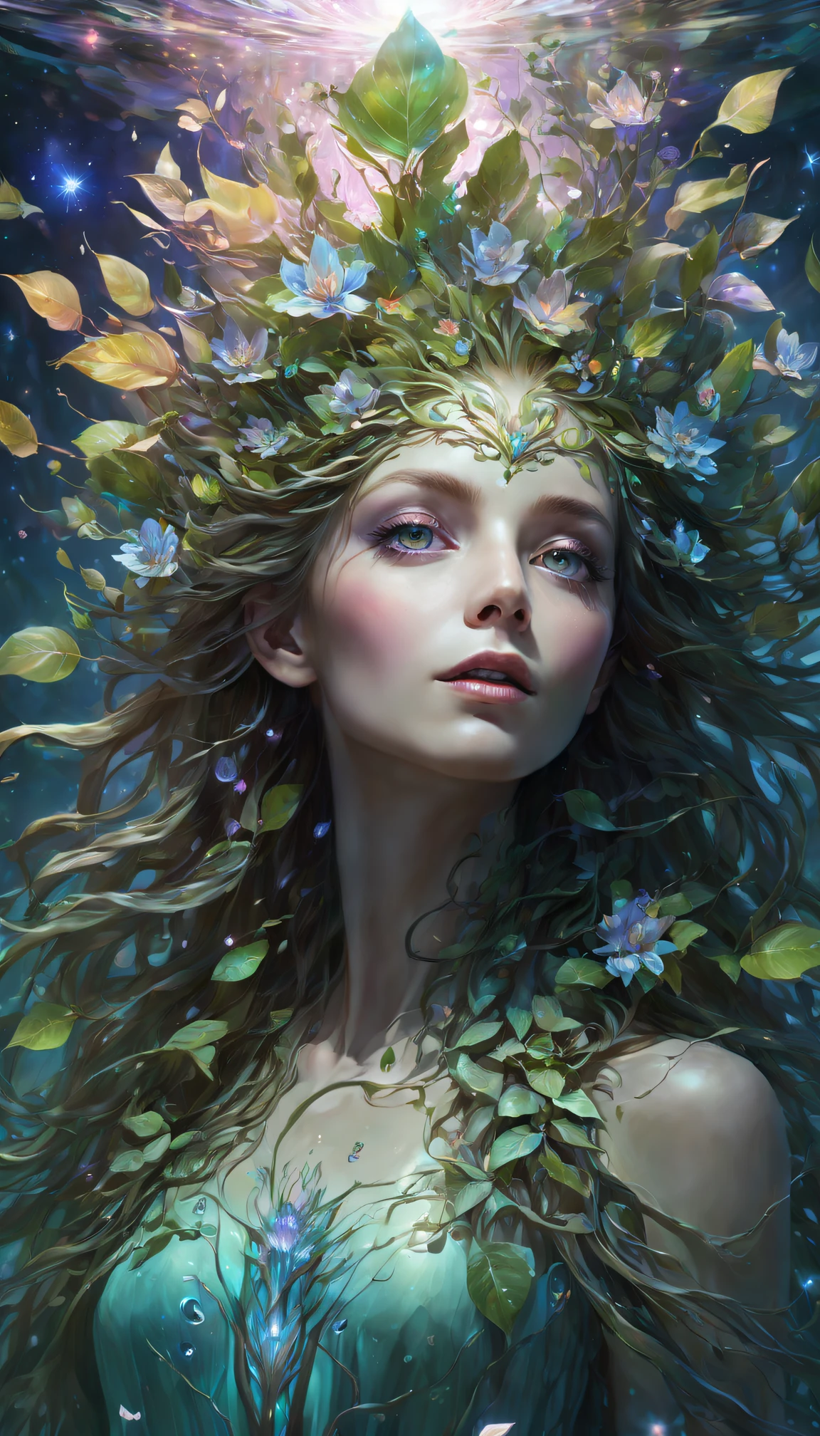 Female tree man,Impresionismo,starlight color,Fantastic lighting,Ethereal atmosphere,otherworldly charm,Mystic aura,Glowing flowers,floating petal,majestic vines,Glowing Leaves,with a calm expression,Complicated details,Water-colored eyes,Flower petals on the hair,Light of the sky,harmonious colors,Mystic energy,Surreal atmosphere,Amazing Cleavage,Sublime art,vibrant tones,captivating creation,Best quality at best,4K,8K,A high resolution,tmasterpiece:1.2,ultra - detailed,actual:1.37。