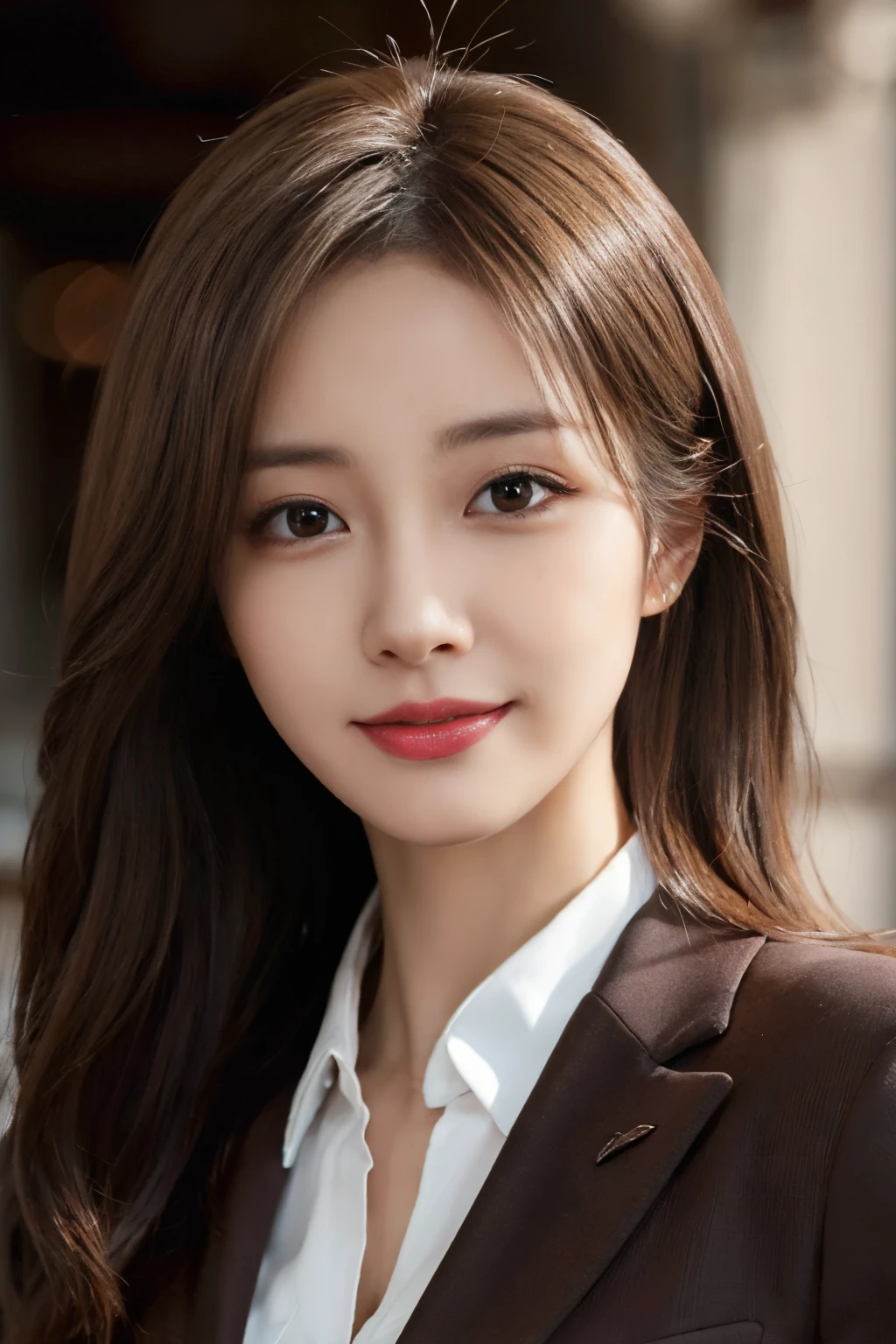 masutepiece, Best Quality, Photorealistic, Ultra-detailed, finely detail, High resolution, 8K Wallpaper, 1 beautiful woman,, light brown messy hair, in a business suit, foco nítido, Perfect dynamic composition, Beautiful detailed eyes, detailed hairs, Detailed realistic skin texture, Smiling, Close-up portrait, Model body type