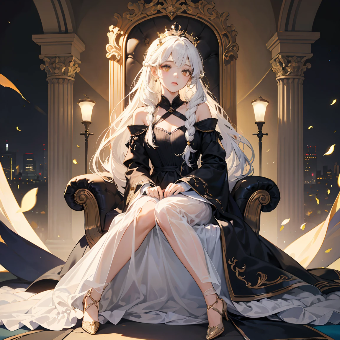 (​masterpiece:1.2)、top-quality、(illustratio:1.2)、(ultra-detailliert)、Hyper-detailing、(delicate detail)、(intricate detailes)、(ciinematic light、best quality backlight)、Clear Line、frombelow、soloist、the perfect body、(1girl in)、White hair and yellow eyes、(A queen、Black see-through clothes)、(diadems:1.1)、Sit on the throne、Condescending eyes、Keep your head down、(full of shyness:1.2)、(makeup)、highly contrast、(The best lighting、Very creative and beautiful)、 (Cinematic Light)、colourfull、Foot braids