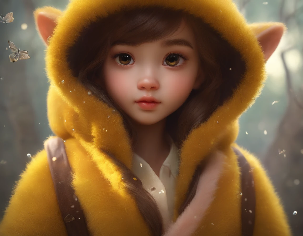 Realism, 真实感, Close up of cute tiny fireflies, lighting up a bush, a detailed painting, cgsociety, Detailed painting, artstation hd, high detail, cgsociety, photo realism, Concept art, artstation hd, official arts, bokeh ,sloth-like gremlin, ite girl,  Huge eyes, large ears, big pear in paws, white and pinkish fur, short tail, yellow wool jacket, The clothes, Best Quality, Masterpiece, in style of dark fantasy art, Fairytale style, fantasy tale,  KPOP Style