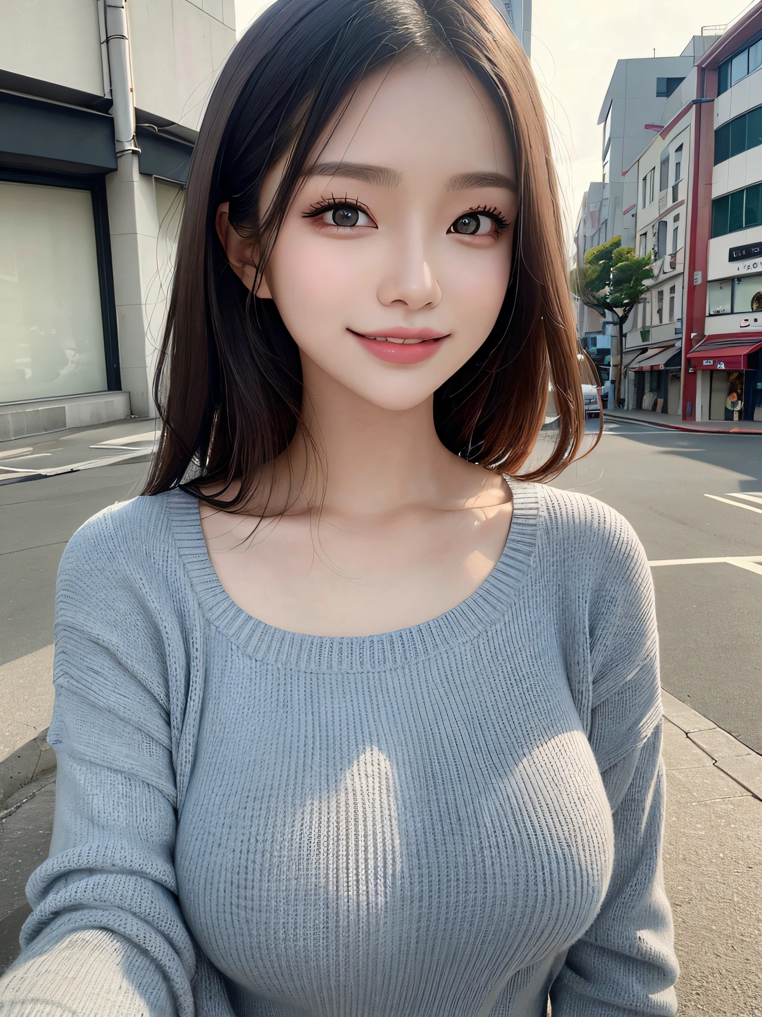 masutepiece, Best Quality, Photorealsitic, finely detail, hight resolution, 8K Wallpapers, Perfect dynamic composition, Beautiful detailed eyes, Shortcut Hair, Random and sexy poses,Random situations、Tight knitwear、Breast bulge、A smile、Urban landscape、25-years old、(Drooping eyes 1.3)、Adult beauty、natural make up、japanes