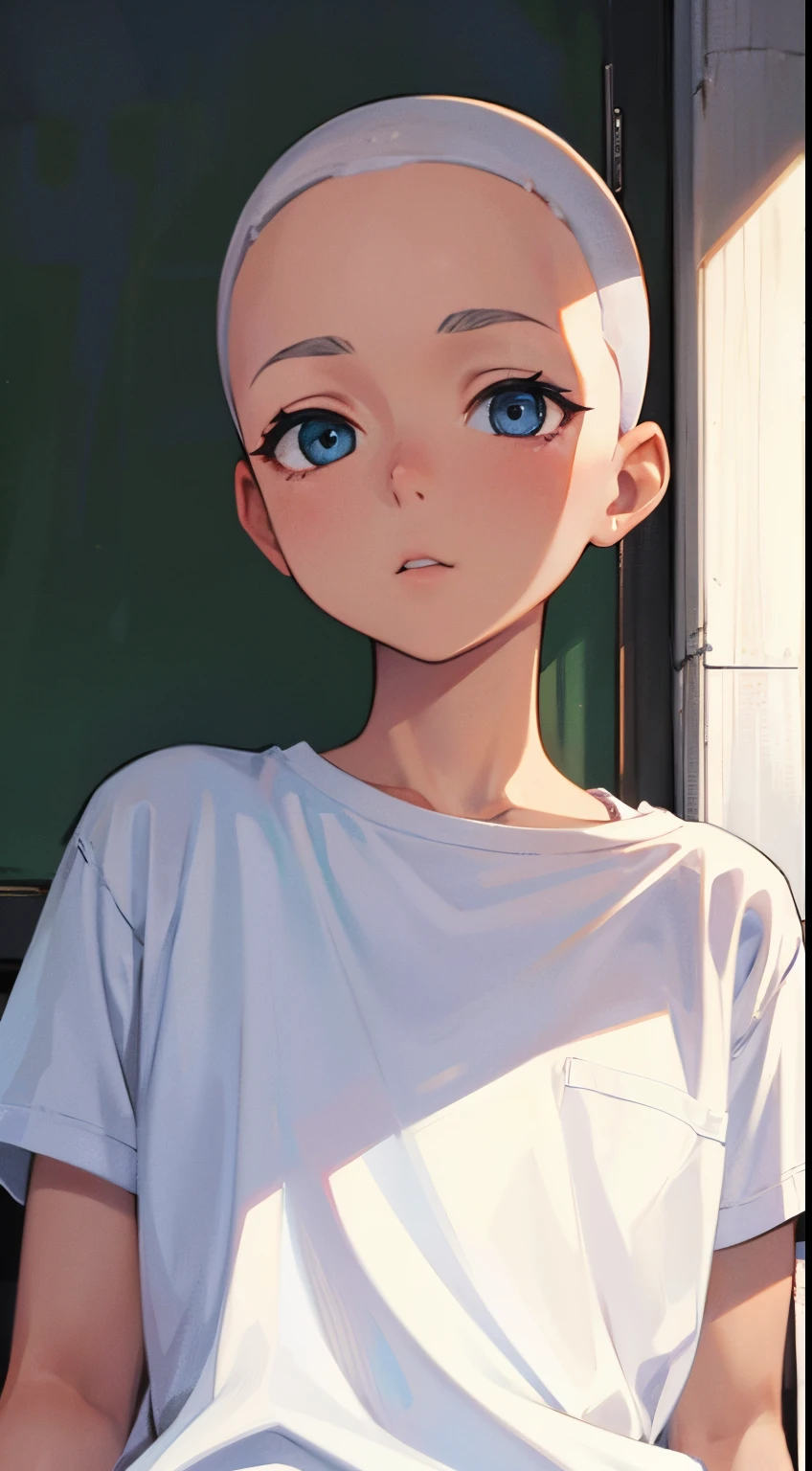 Skinhead Girl　white t-shirts　frontage　sitting in a throne　white backgrounid