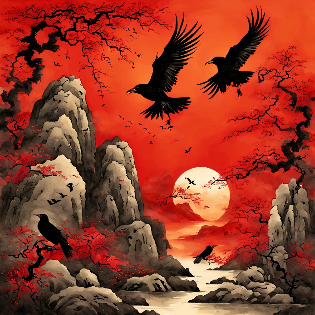 The Shamon is bound to a rock as the sun start to set and the crows began to gather attracted by crimson dripping upon the ground, in chinese painting art style