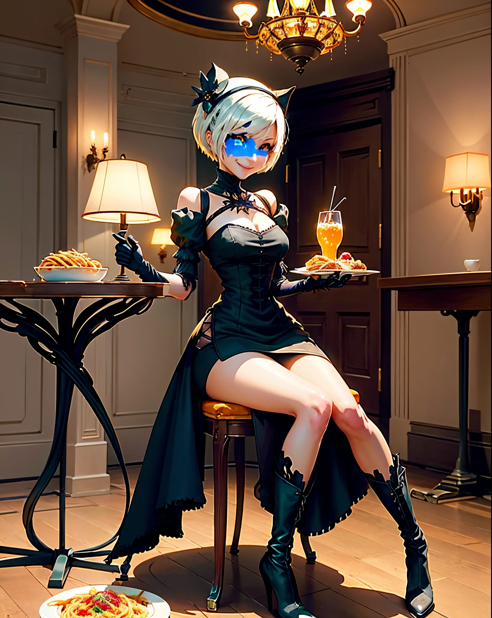 Make a image of the Character” “2B” From “Nier: Automata” designed by Takahisa Taura and Issao Negishi, in a fancy restaurant with a large chandelier above the character. The character is dressed with a black dress with straps in the shoulders and black high boots. it’s looking at the cámara and she’s smiling in a sweet way. In anime style. the characters eyes are of a shiny blue and she’s sitting in from to a table with a pasta dish.