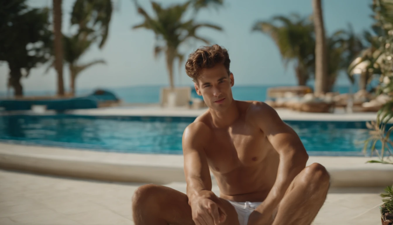 A young, handsome and strong man by the swimming pool，Don&#39;t show your fingers and feet