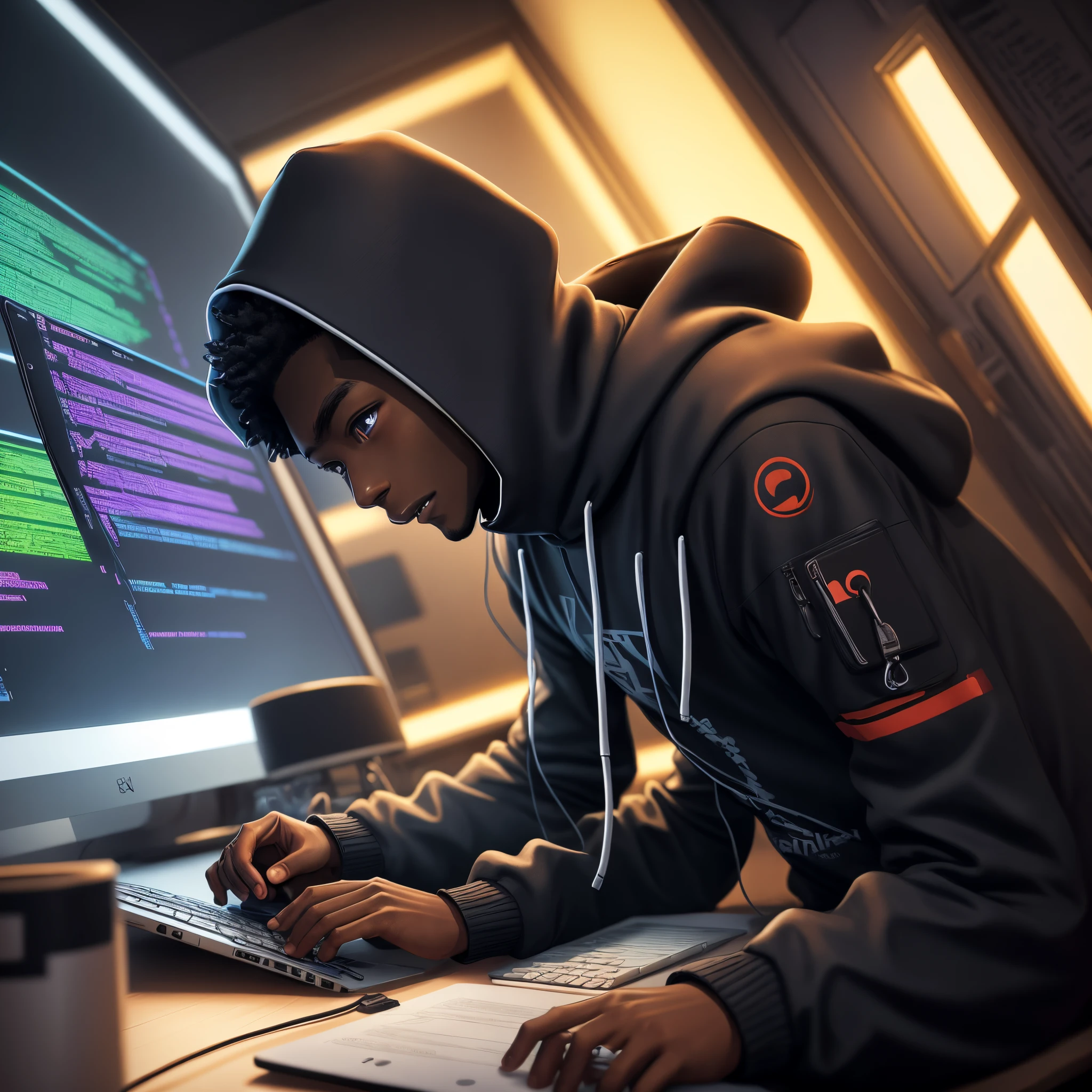Coding at night, kawa, hacker boy, black-skinned, high detal, 4K