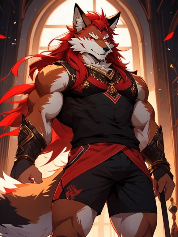 male, furry, Wolf anthro, solo, fur, red eyes, (Realistic eye details 1.2), urbansamuraiwear, abs, Masterpiece, dramatic lighting, soft lighting, day, highly detail, Hair coiled, detail fur, perfect body